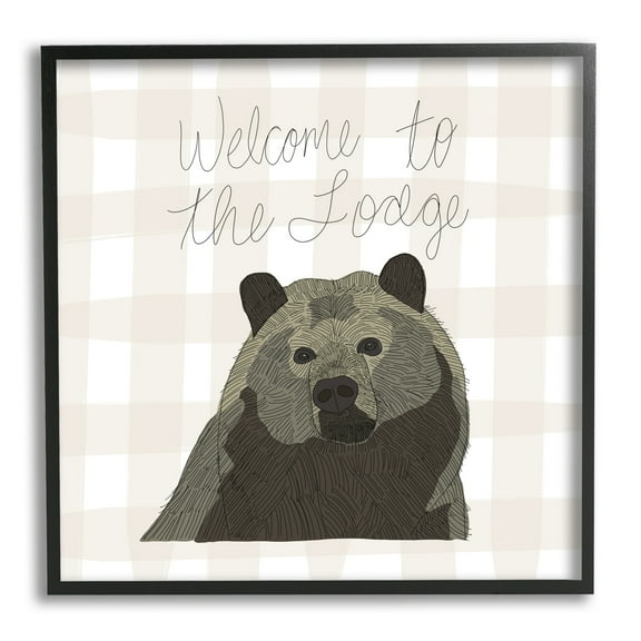 Stupell Industries Welcome to the Lodge Cabin Entrance Bear Tartan Graphic Art Black Framed Art Print Wall Art, Design by Tara Moss