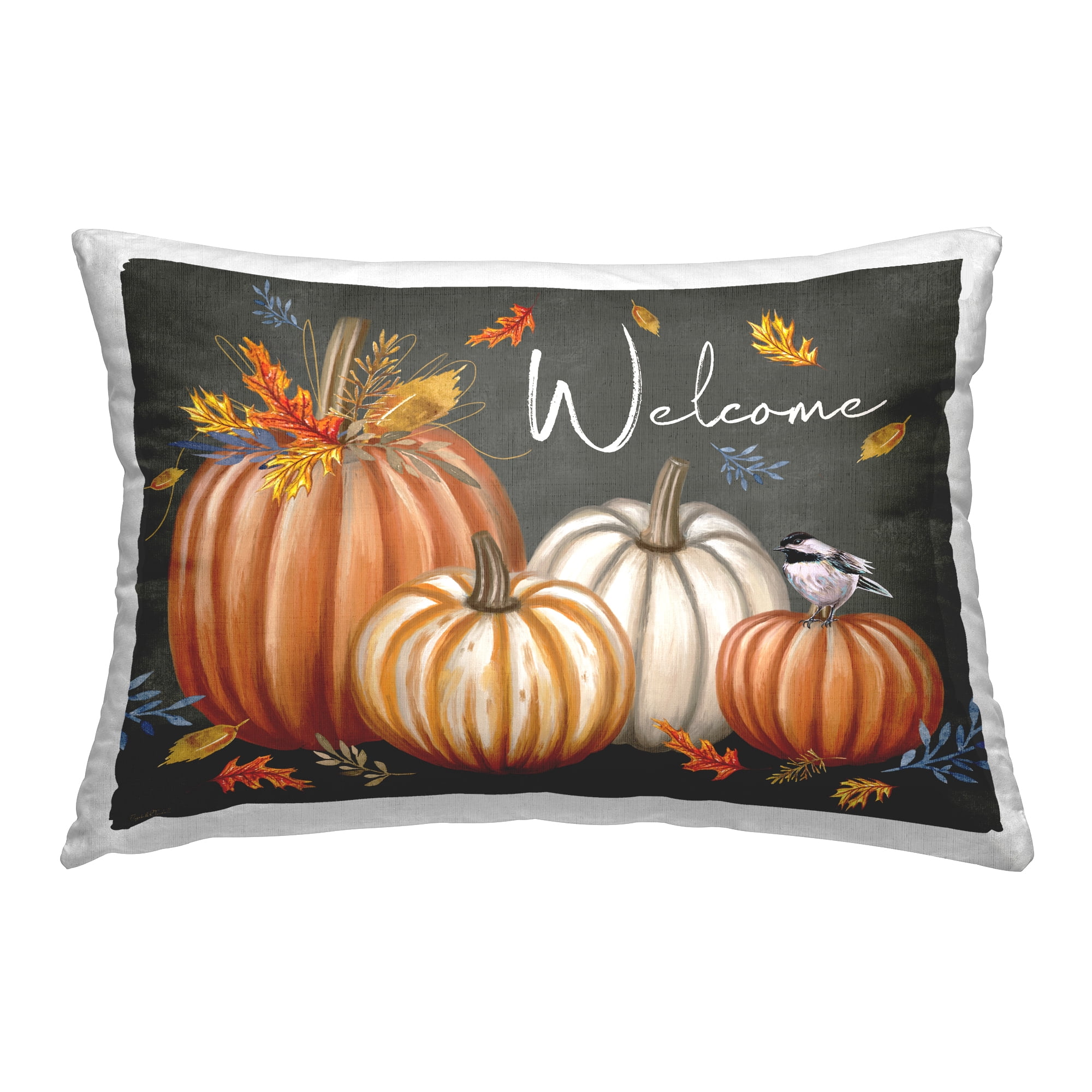 Stupell Industries Welcome with Autumnal Pumpkins Decorative Printed Throw Pillow Design by Elizabeth Tyndall.