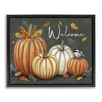 Stupell Industries Welcome with Autumnal Pumpkins Holiday Painting Black Floater Framed Canvas Art Print Wall Art, 21 x 17