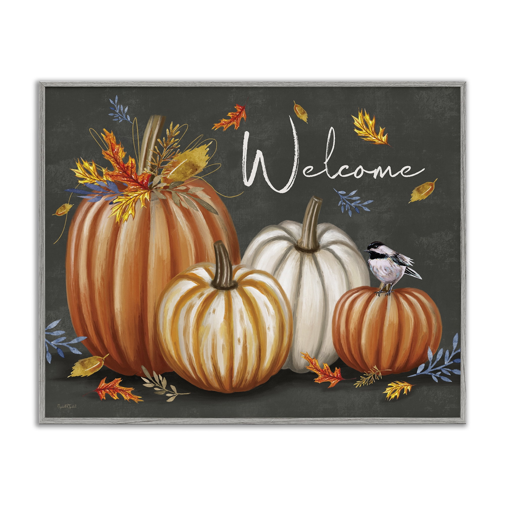 Stupell Industries Welcome with Autumnal Pumpkins Holiday Painting Gray Framed Art Print Wall Art, 30 x 24