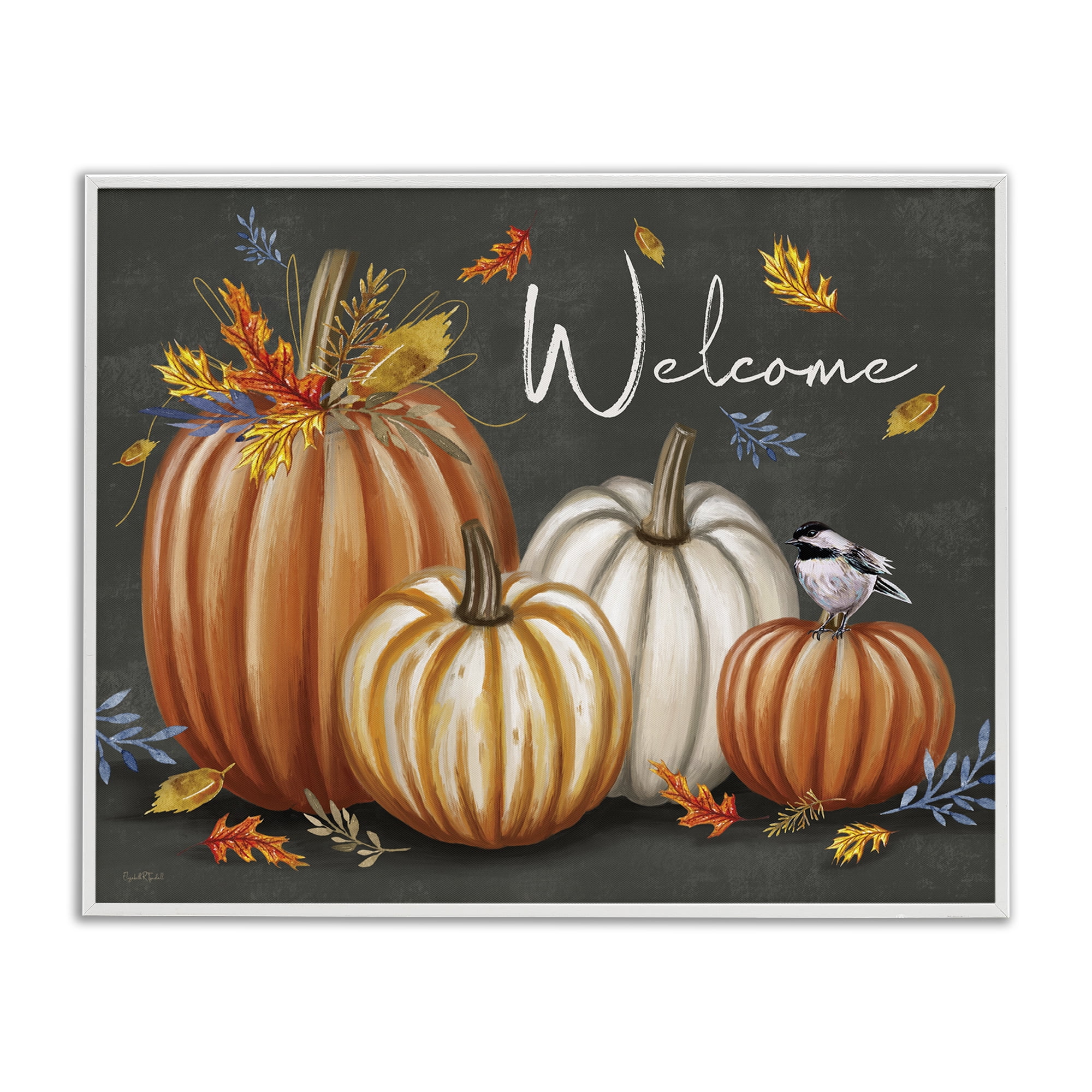 Stupell Industries Welcome with Autumnal Pumpkins Holiday Painting White Framed Art Print Wall Art, 20 x 16