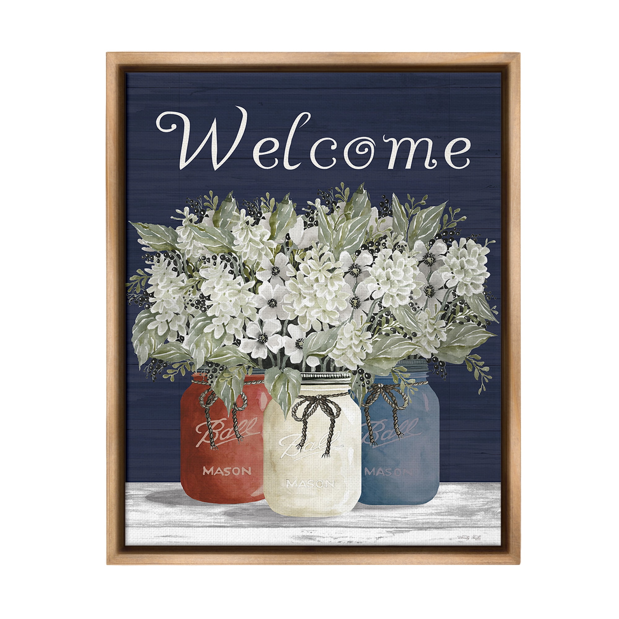 Stupell Industries Welcome with Country Herbs Botanical & Floral Painting Brown Floater Framed Canvas Art Print Wall Art, 25 x 31