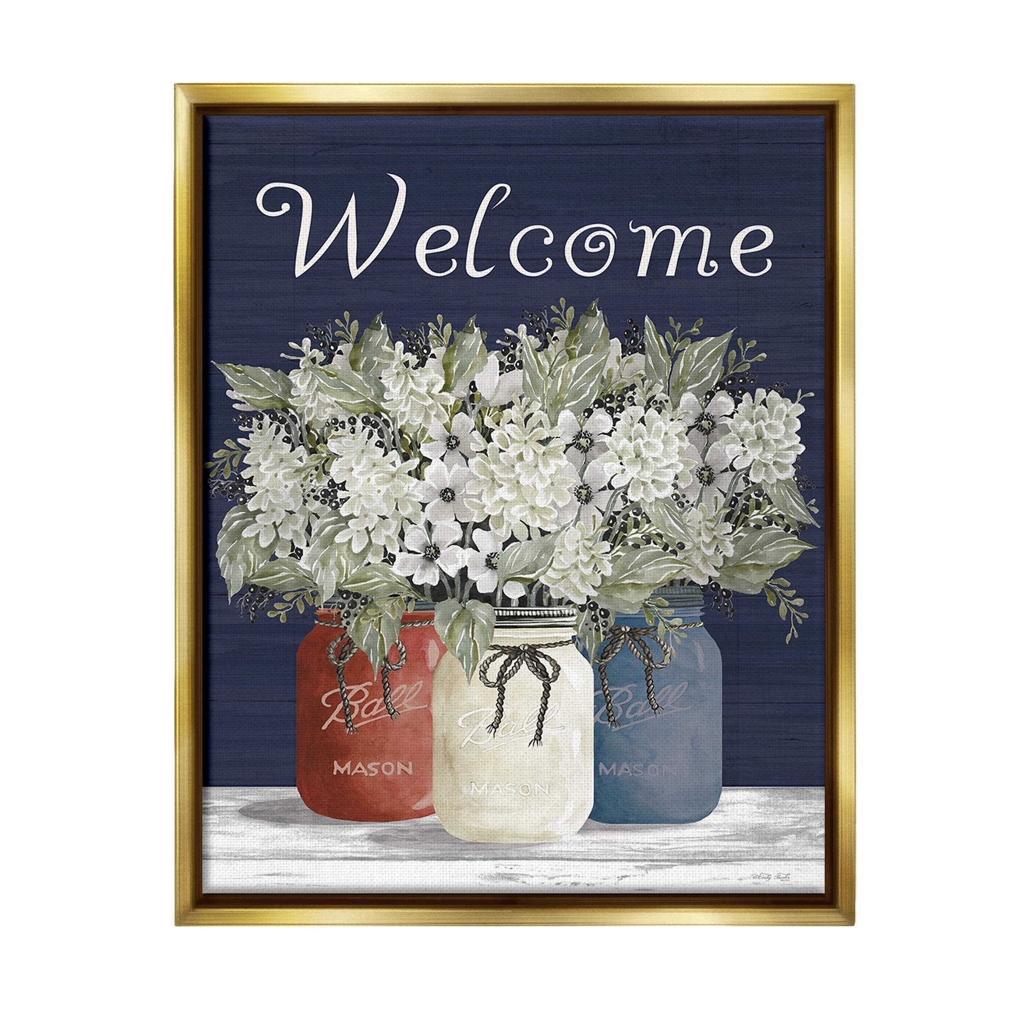 Stupell Industries Welcome with Country Herbs Botanical & Floral Painting Gold Floater Framed Canvas Art Print Wall Art, 17 x 21