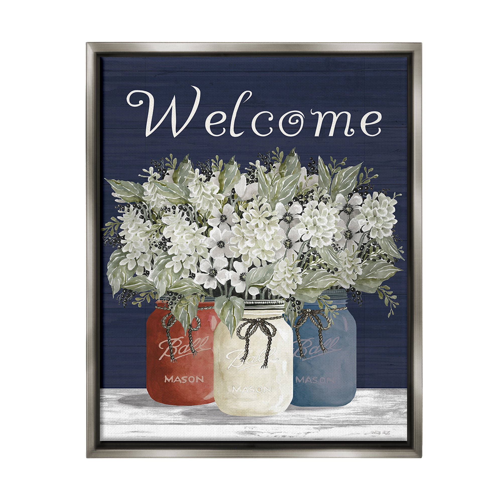 Stupell Industries Welcome with Country Herbs Botanical & Floral Painting Gray Floater Framed Canvas Art Print Wall Art, 25 x 31
