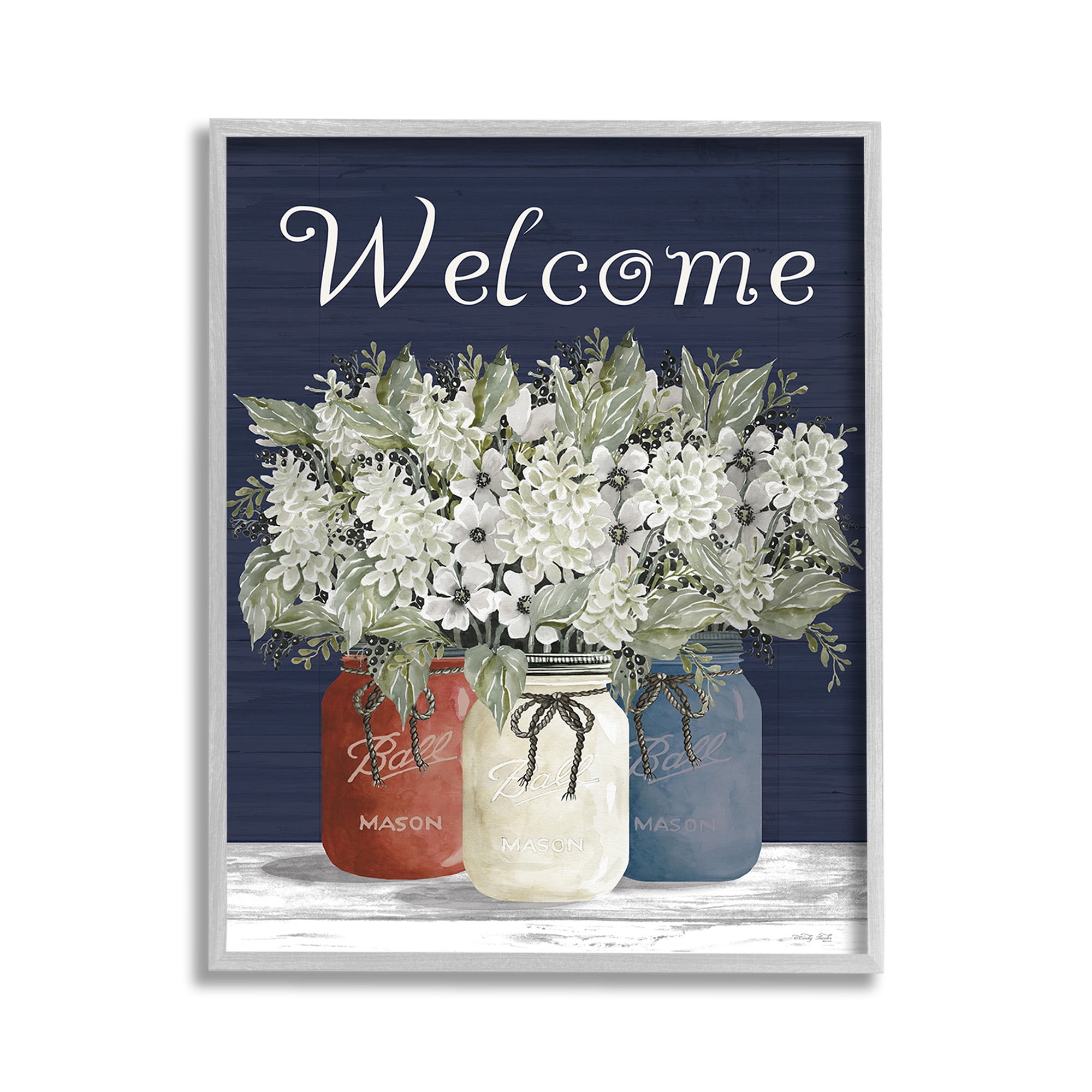 Stupell Industries Welcome with Country Herbs Botanical & Floral Painting Gray Framed Art Print Wall Art, 11 x 14