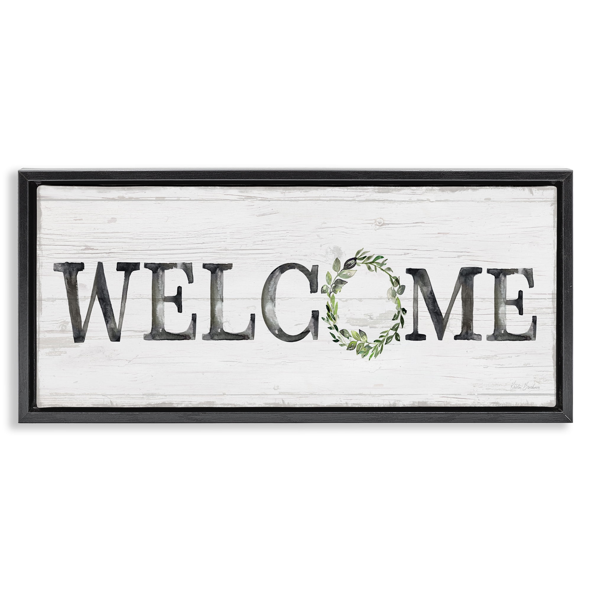 Stupell Industries Welcome with Floral Wreath Text & Numbers Painting Black Floater Framed Canvas Art Print Wall Art, 31 x 14