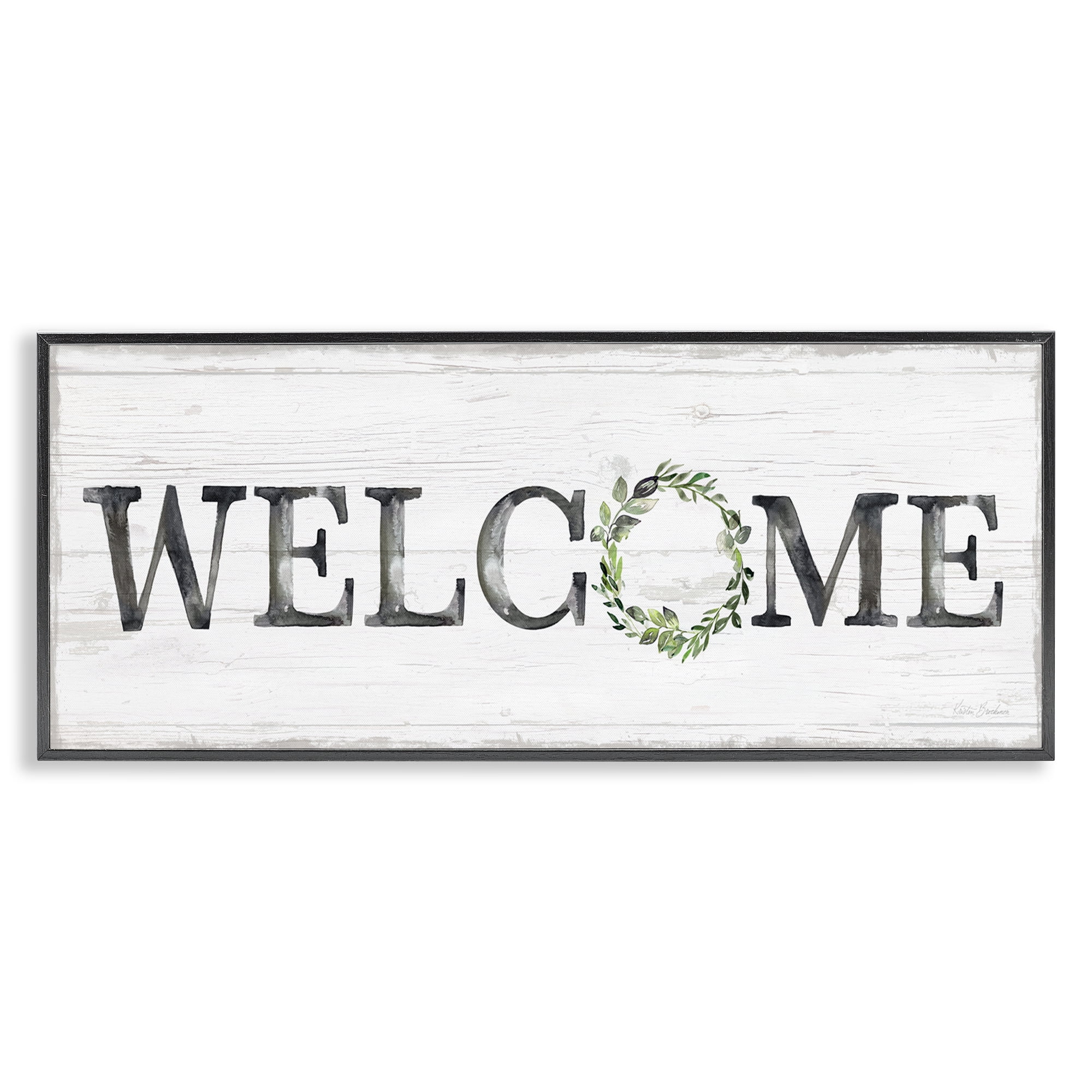 Stupell Industries Welcome with Floral Wreath Text & Numbers Painting Black Framed Art Print Wall Art, 24 x 10