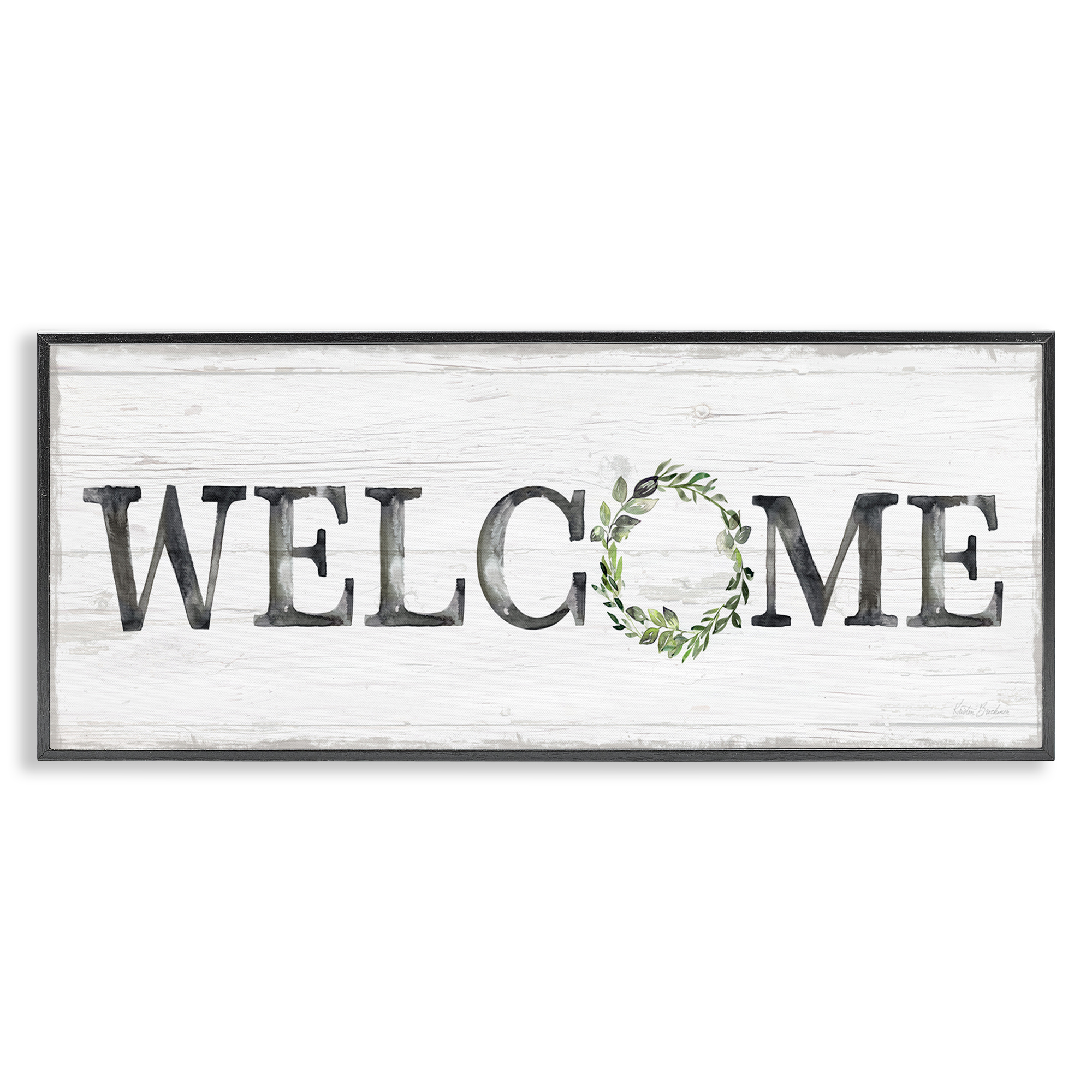 Stupell Industries Welcome with Floral Wreath Text & Numbers Painting Black Framed Art Print Wall Art, 30 x 13