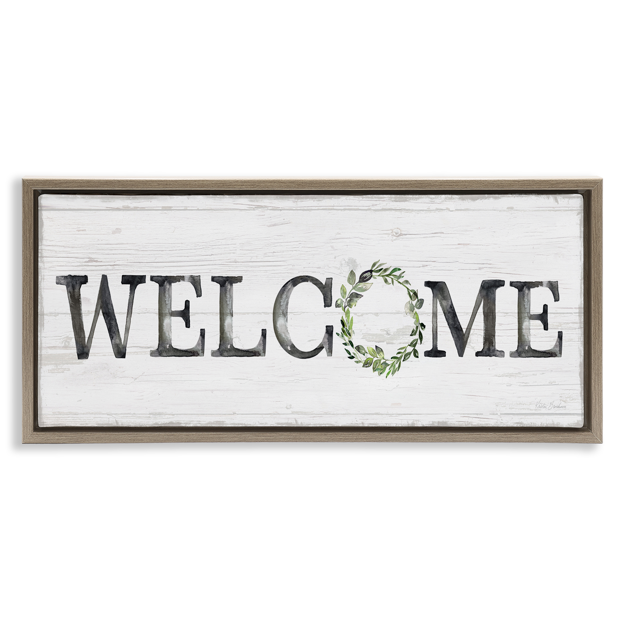 Stupell Industries Welcome with Floral Wreath Text & Numbers Painting Brown Floater Framed Canvas Art Print Wall Art, 25 x 11