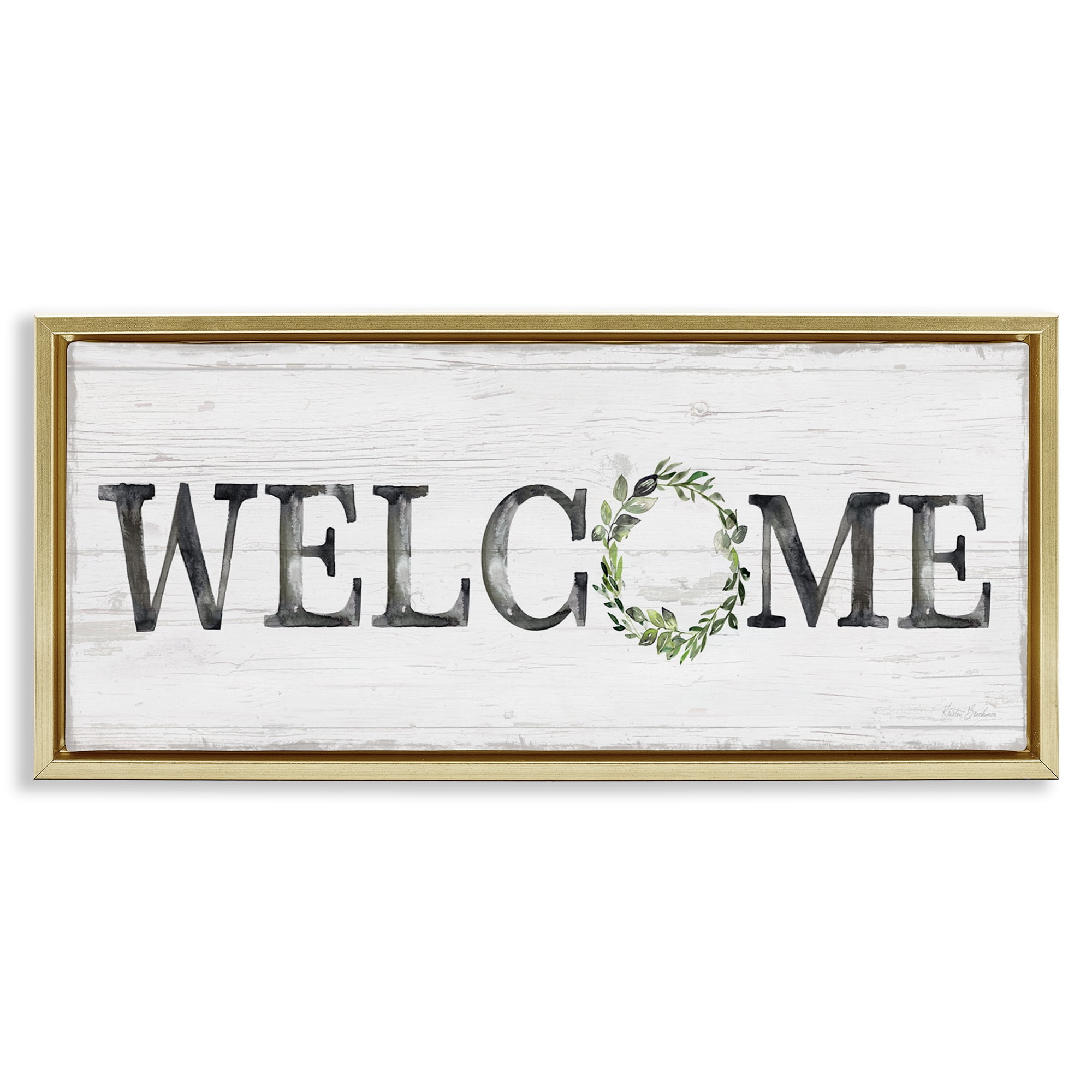 Stupell Industries Welcome with Floral Wreath Text & Numbers Painting Gold Floater Framed Canvas Art Print Wall Art, 25 x 11