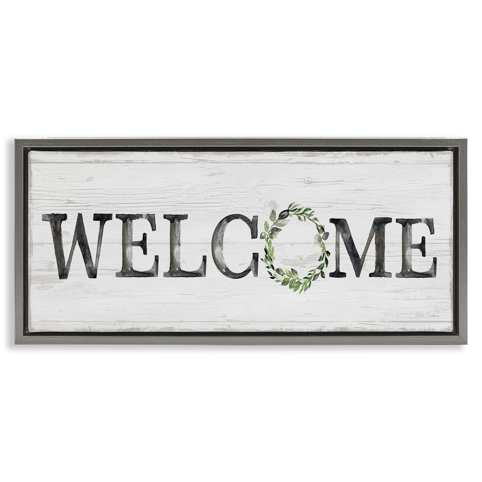Stupell Industries Welcome with Floral Wreath Text & Numbers Painting Gray Floater Framed Canvas Art Print Wall Art, 25 x 11