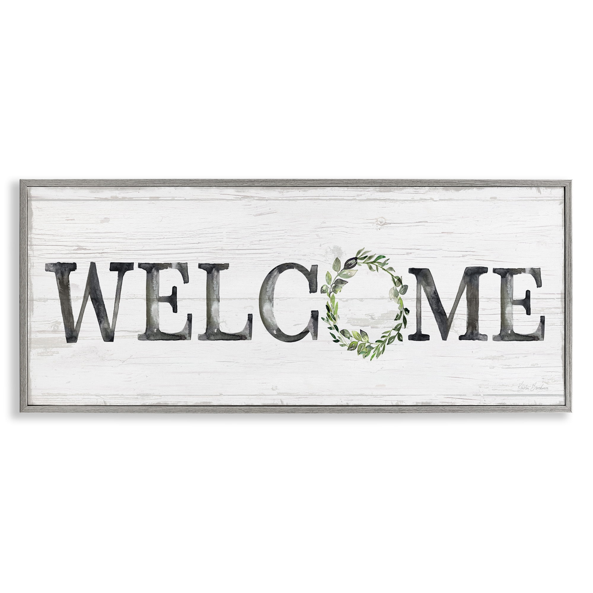 Stupell Industries Welcome with Floral Wreath Text & Numbers Painting Gray Framed Art Print Wall Art, 30 x 13