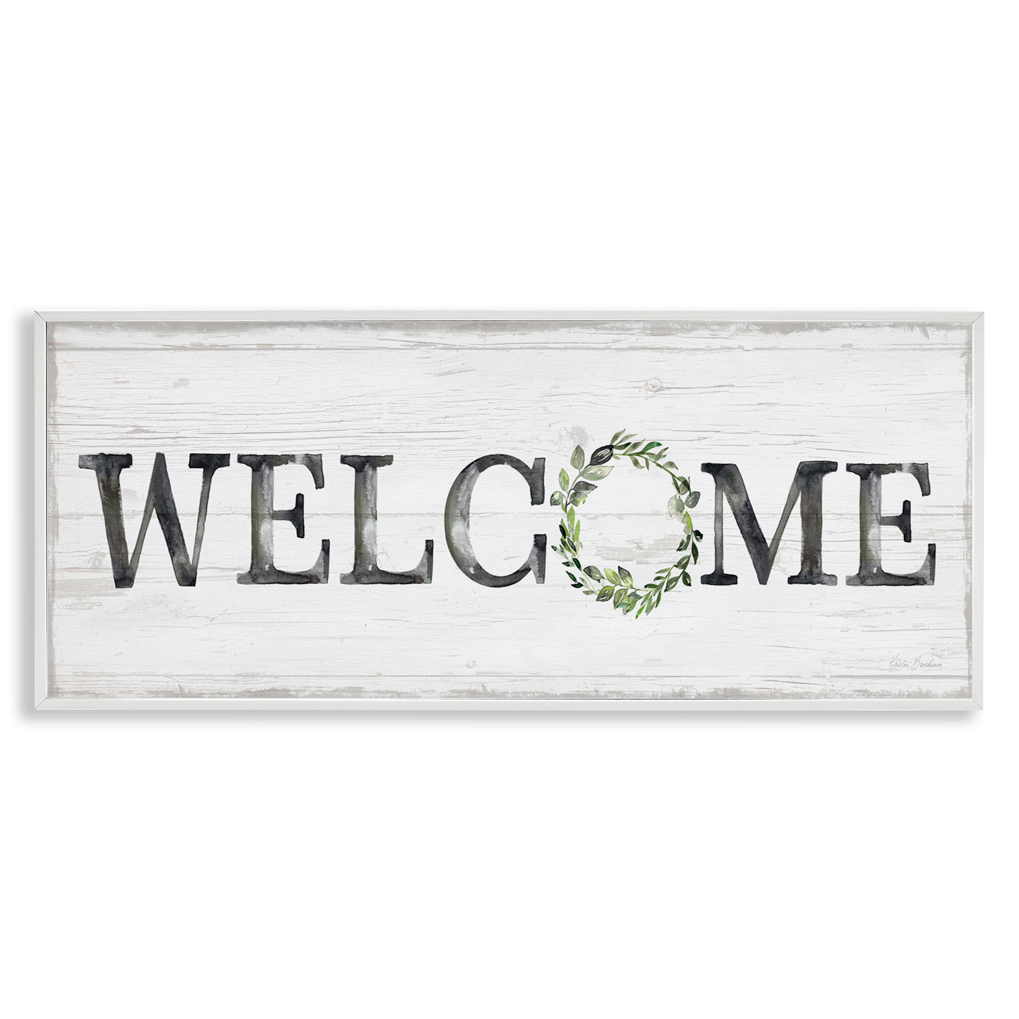 Stupell Industries Welcome with Floral Wreath Text & Numbers Painting White Framed Art Print Wall Art, 30 x 13