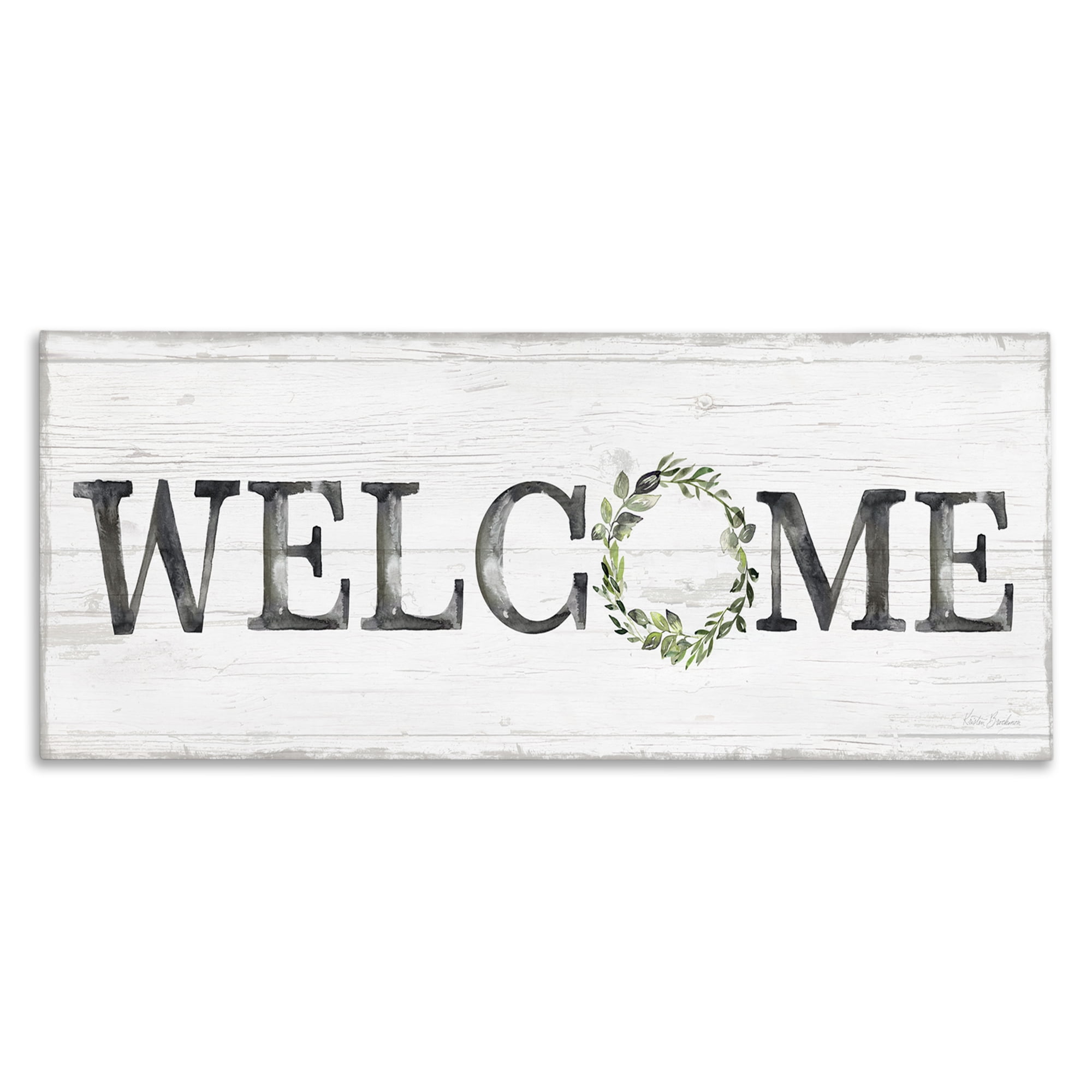 Stupell Industries Welcome with Floral Wreath Text & Numbers Painting Wrapped Canvas Art Print Wall Art, 30 x 13