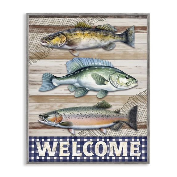 Stupell Industries Welcome with Rustic Fish Animals Painting Gray Framed Art Print Wall Art, 11 x 14