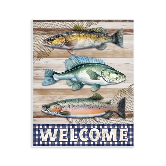 Stupell Industries Welcome with Rustic Fish Animals Painting Unframed Art Print Wall Art, 11 x 14