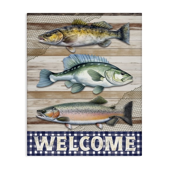 Stupell Industries Welcome with Rustic Fish Animals Painting Wrapped Canvas Canvas Art Print Wall Art, 24 x 30
