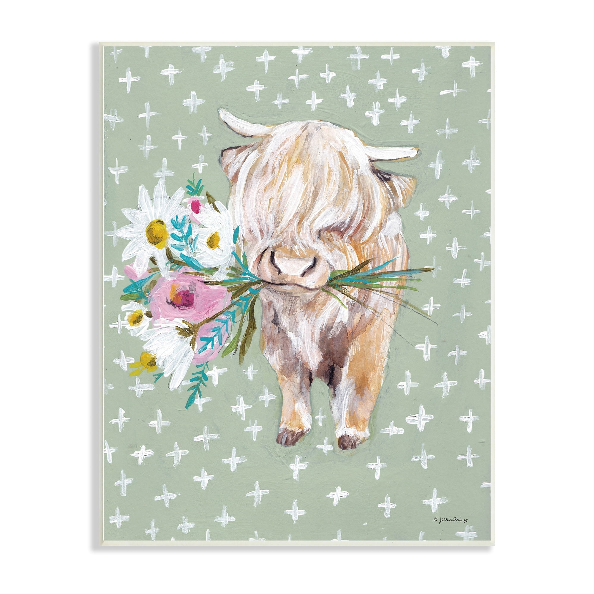 Stupell Industries Welcoming Stott Ox Holding Flowers Studded Pattern,13 x 19, Design by Jessica Mingo