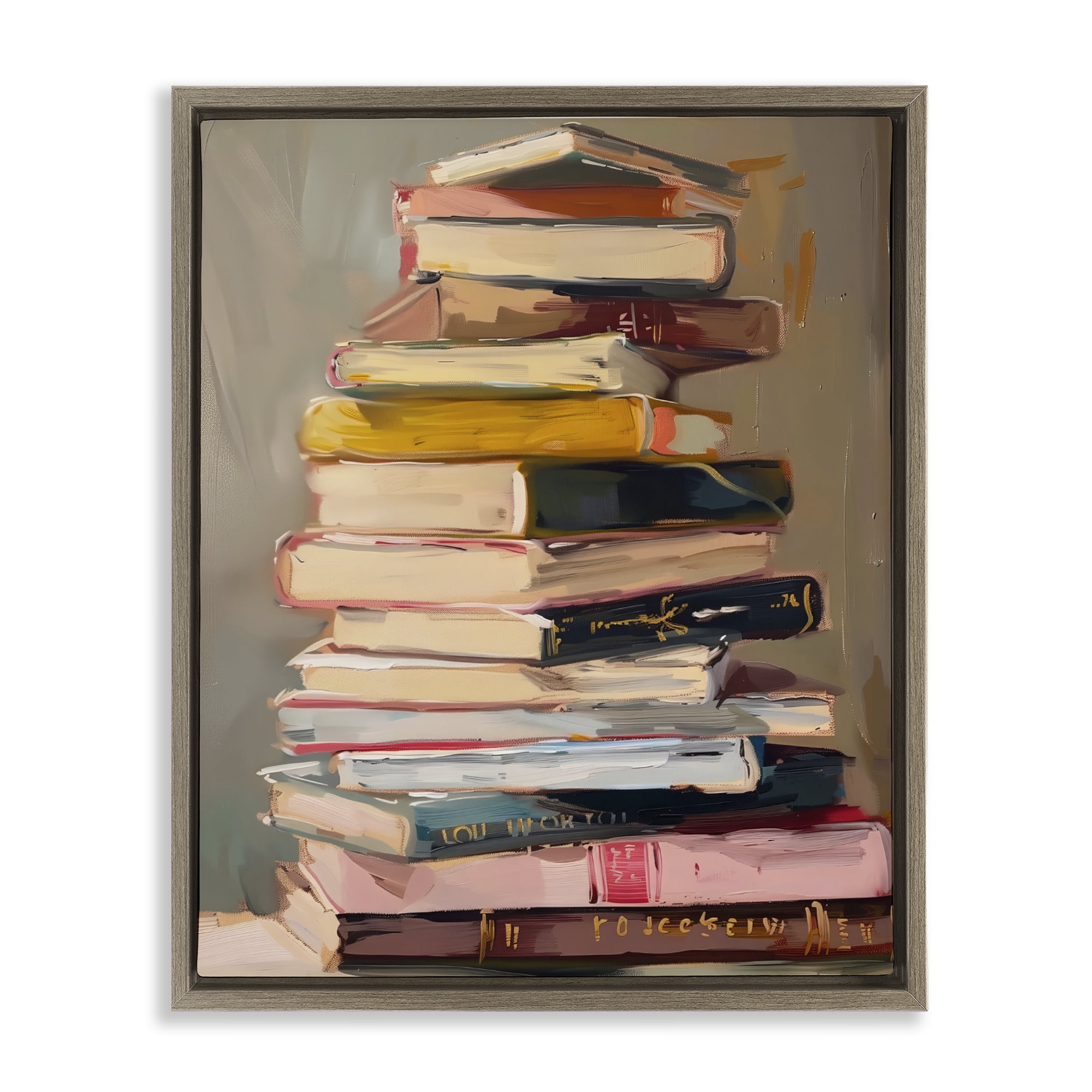 Stupell Industries Well Loved Bookstack Brown Framed Floater Canvas Wall Art, design by LSR Design Studio