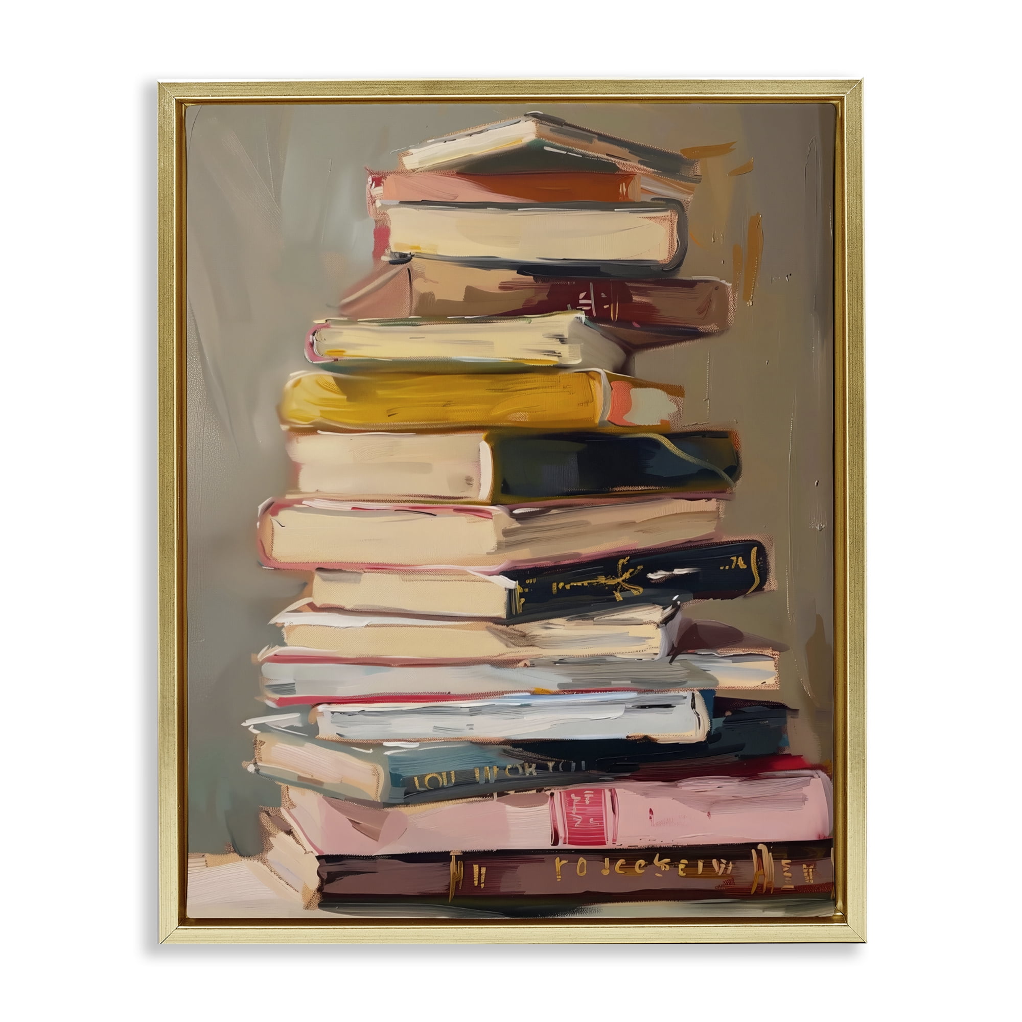 Stupell Industries Well Loved Bookstack Gold Framed Floater Canvas Wall Art, design by LSR Design Studio