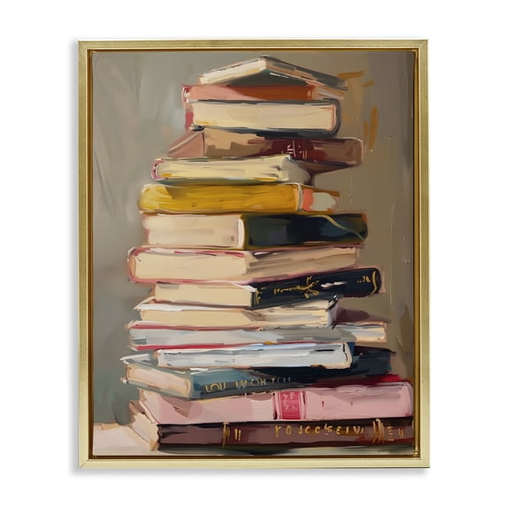 Stupell Industries Cottage Well Loved Bookstack Gold Floating Frame Canvas Art, 17 x 21, by LSR Design Studio