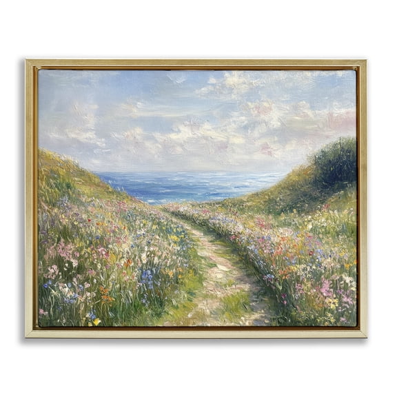 Stupell Industries Well Worn Coastal Path Gold Framed Floater Canvas Wall Art design by Petal Prints Design, 25 x 31