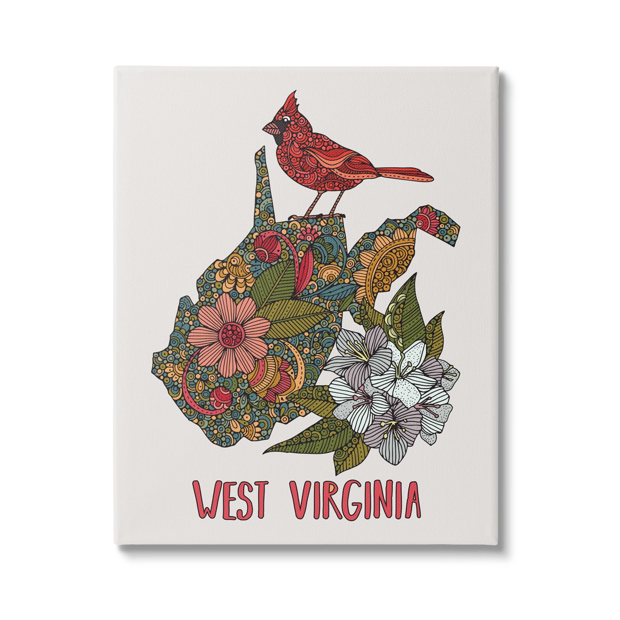 Stupell Industries West Virginia State Cardinal Detailed Floral Pattern Graphic Art Gallery Wrapped Canvas Print Wall Art, Design by Valentina Harper