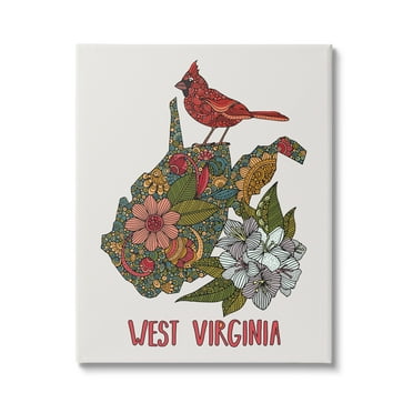Stupell Industries West Virginia State Cardinal Detailed Floral Pattern Graphic Art Gallery Wrapped Canvas Print Wall Art, Design by Valentina Harper