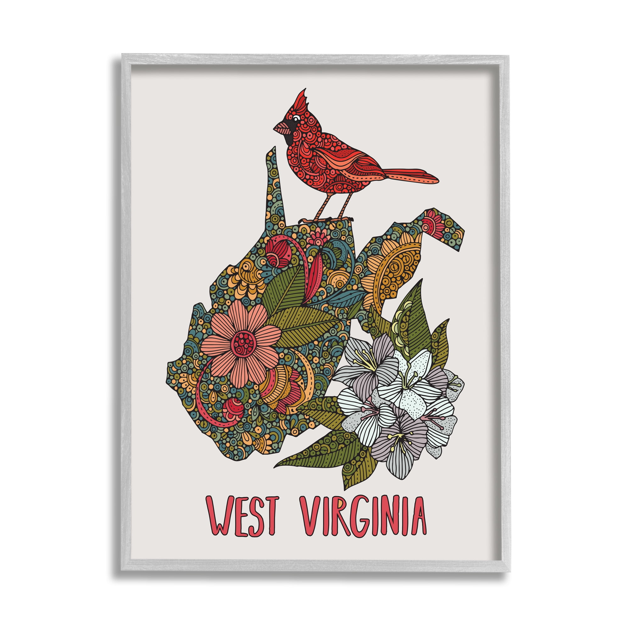 Stupell Industries West Virginia State Cardinal Detailed Floral Pattern Graphic Art Gray Framed Art Print Wall Art, Design by Valentina Harper