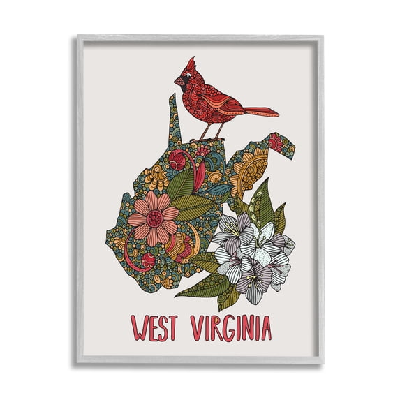 Stupell Industries West Virginia State Cardinal Detailed Floral Pattern Graphic Art Gray Framed Art Print Wall Art, Design by Valentina Harper
