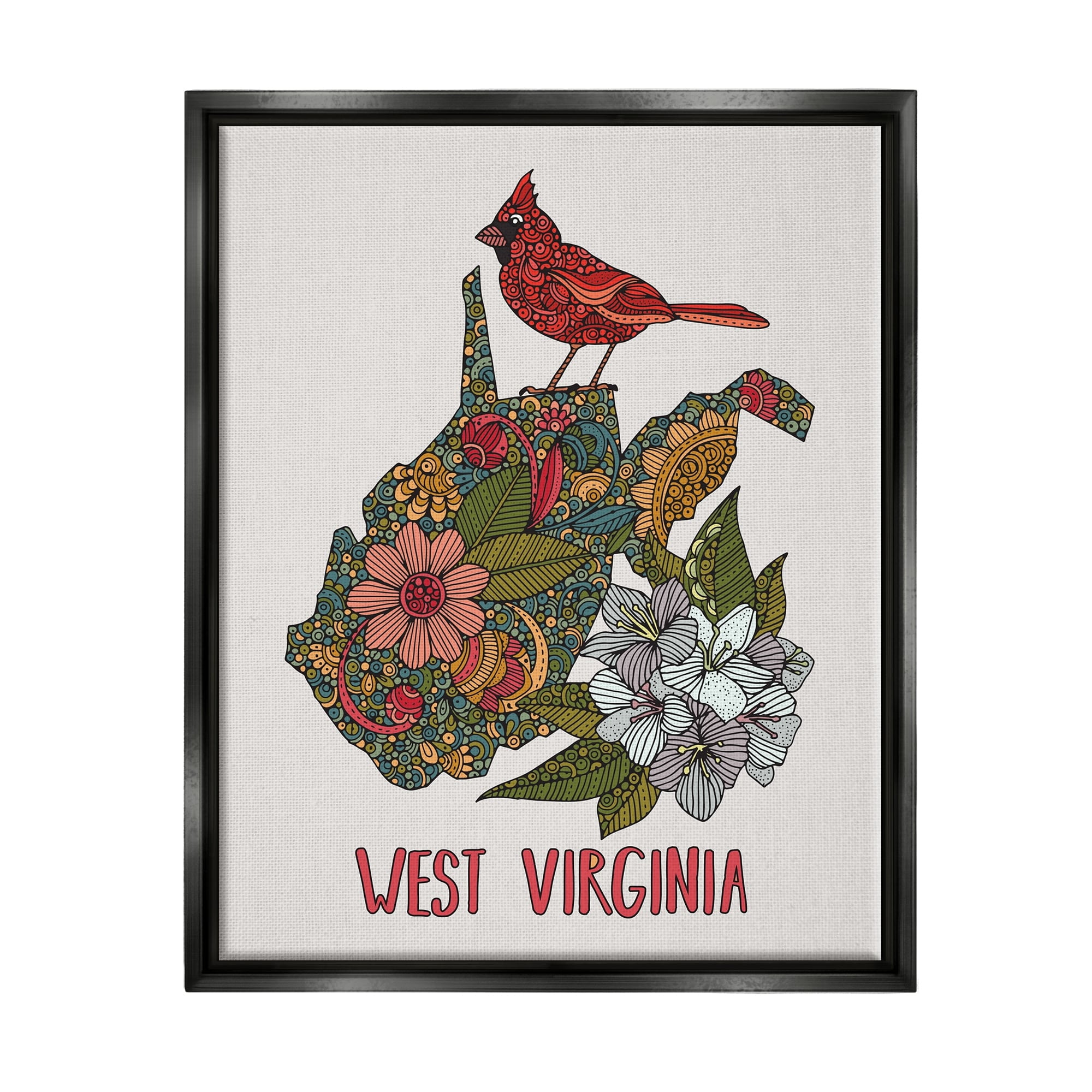 Stupell Industries West Virginia State Cardinal Detailed Floral Pattern Graphic Art Jet Black Floating Framed Canvas Print Wall Art, Design by Valentina Harper