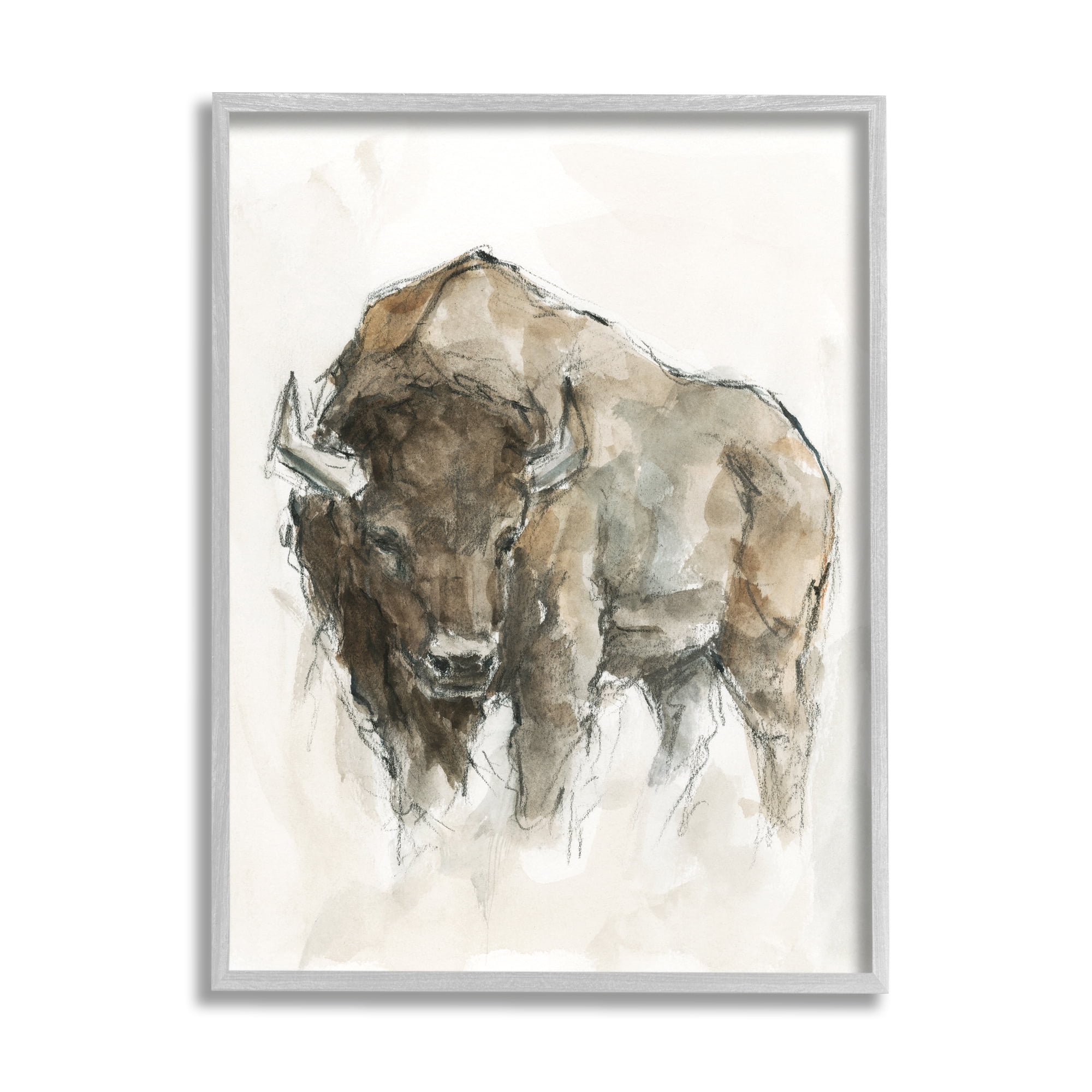 Stupell Industries Western American Buffalo Brown Country Animal Animals & Insects Painting Gray Framed Art Print Wall Art, 11 x 14