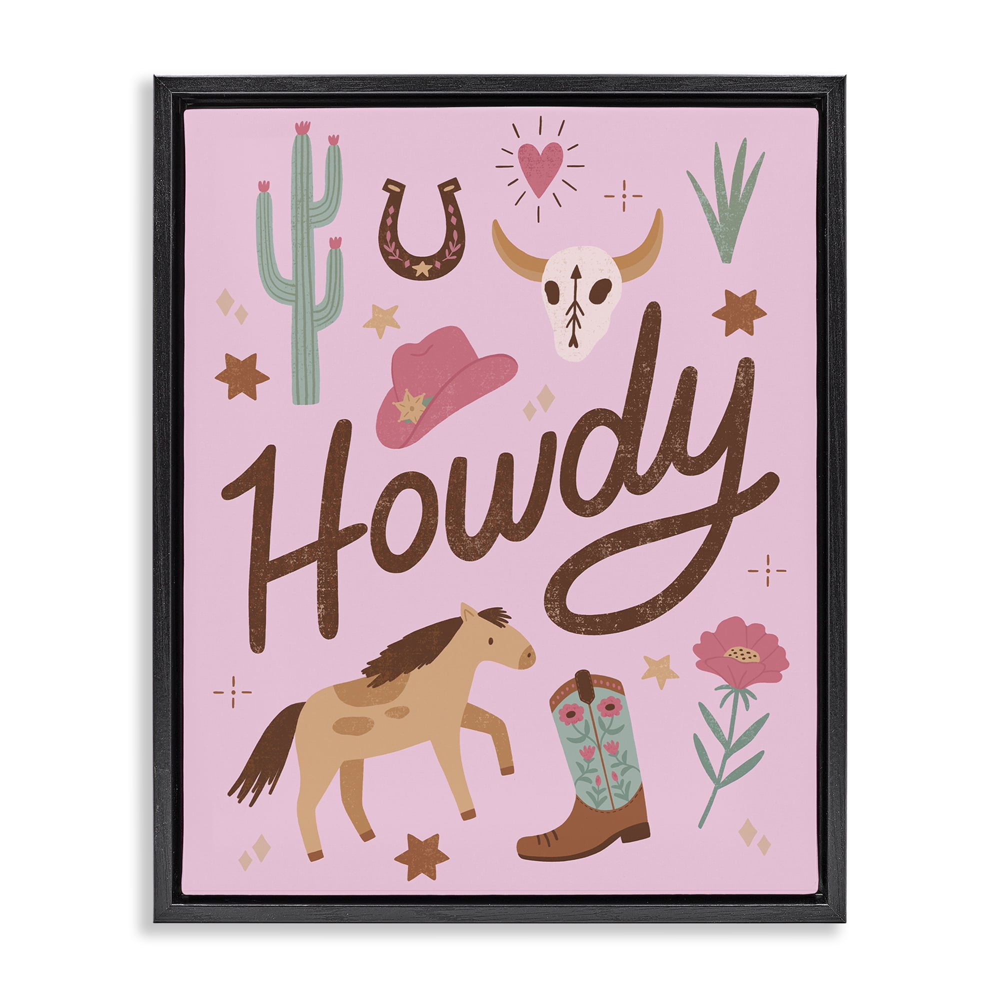 Stupell Industries Western Boho Girl Howdy Black Framed Floater Canvas Wall Art, design by Nina Seven