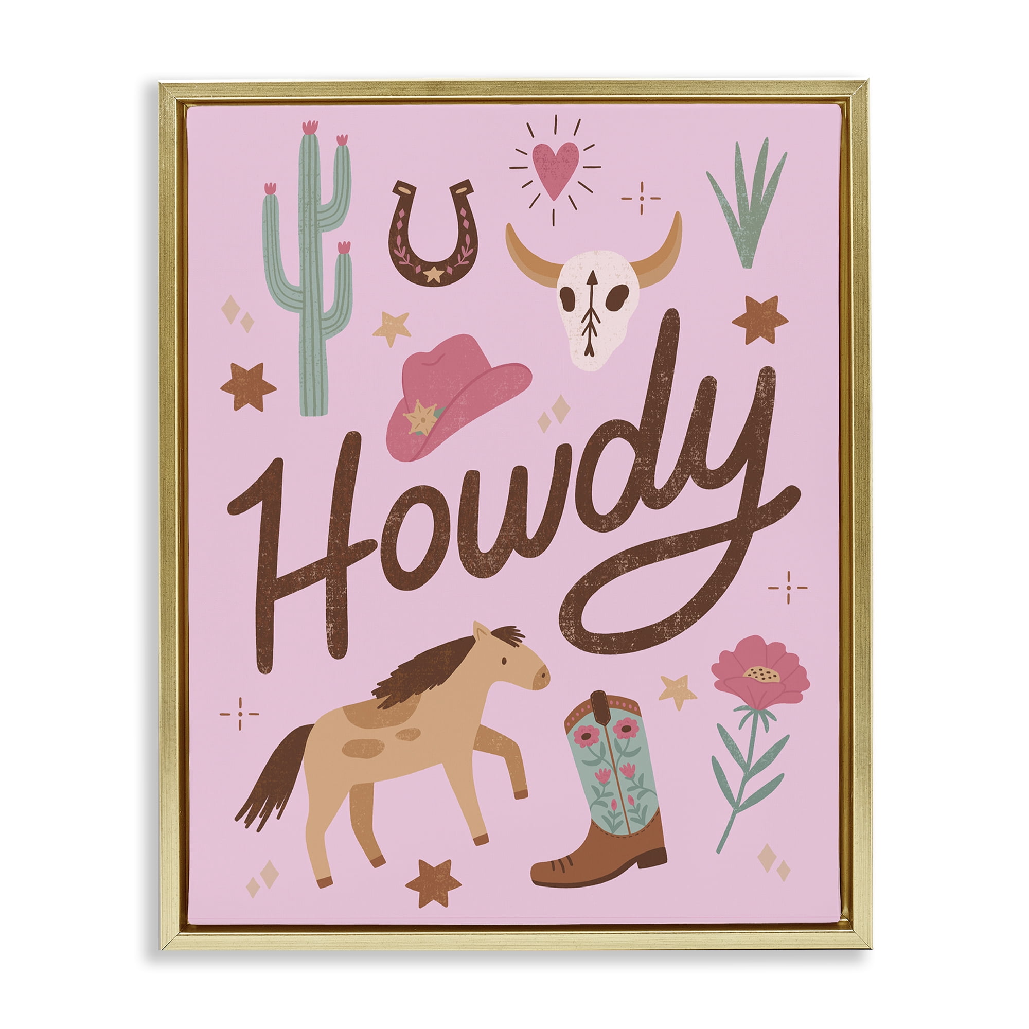 Stupell Industries Western Boho Girl Howdy Gold Framed Floater Canvas Wall Art, design by Nina Seven