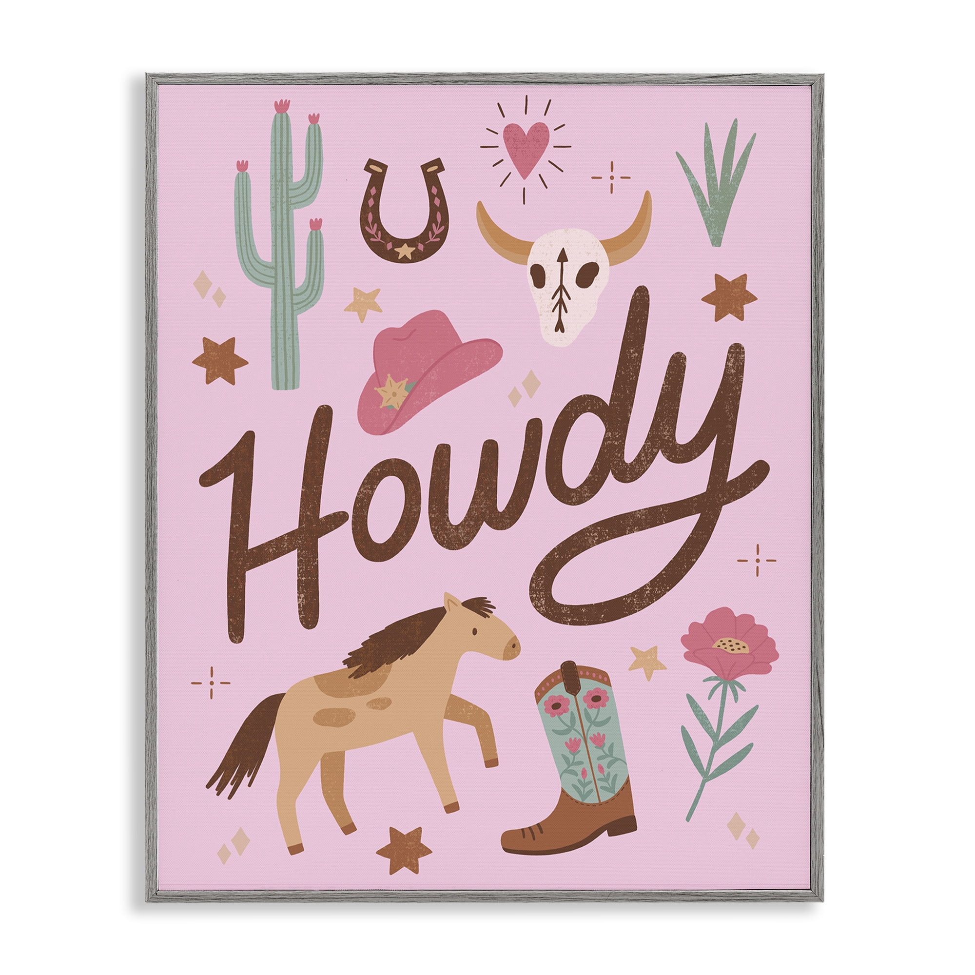 Stupell Industries Western Boho Girl Howdy Gray Framed Giclee Art, design by Nina Seven