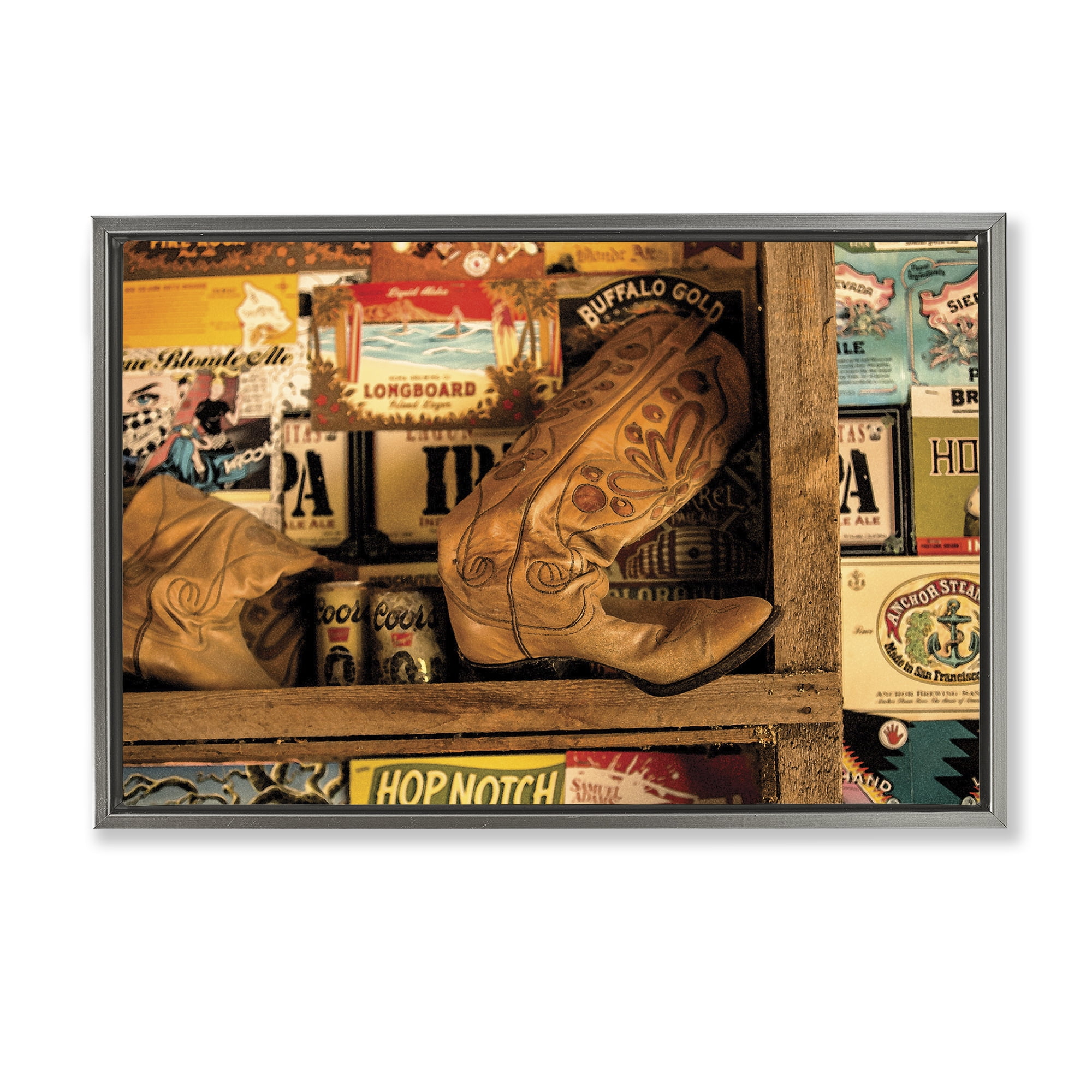 Stupell Industries Western Boots on Shelf Beauty & Fashion Painting Gray Floater Framed Art Print Wall Art, 25 x 17