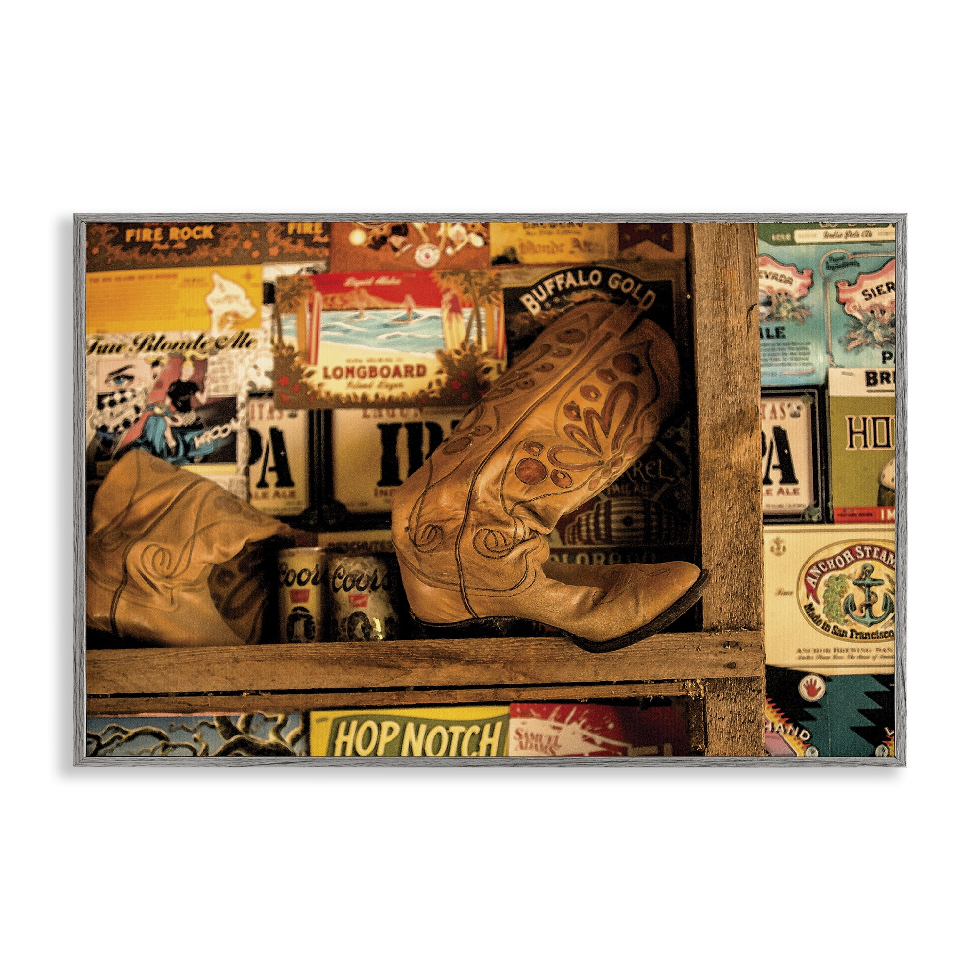 Stupell Industries Western Boots on Shelf Beauty & Fashion Painting Gray Framed Art Print Wall Art, 24 x 16