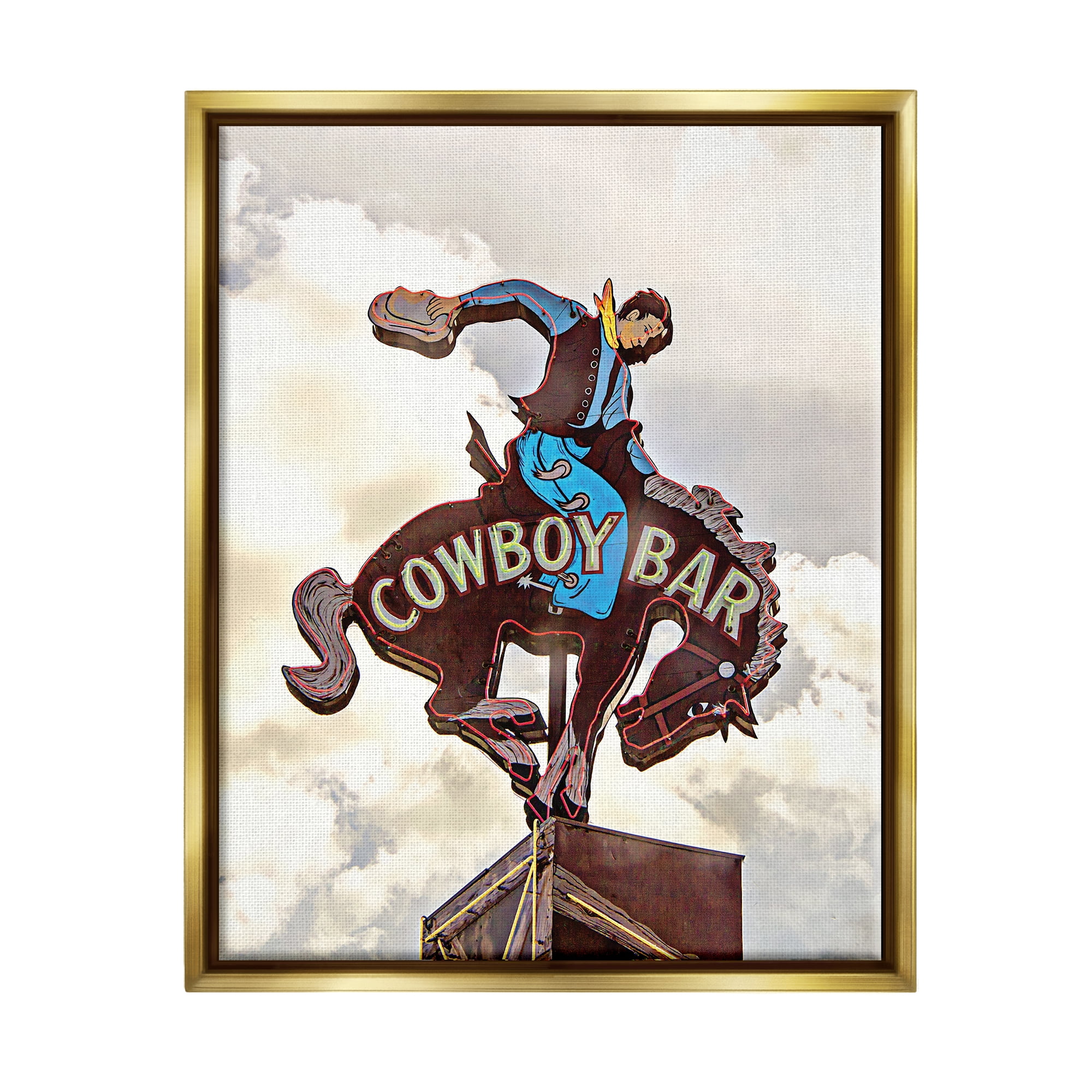 Stupell Industries Western Cowboy Bar Sign Abstract Painting Gold Floater Framed Canvas Art Print Wall Art, 25 x 31