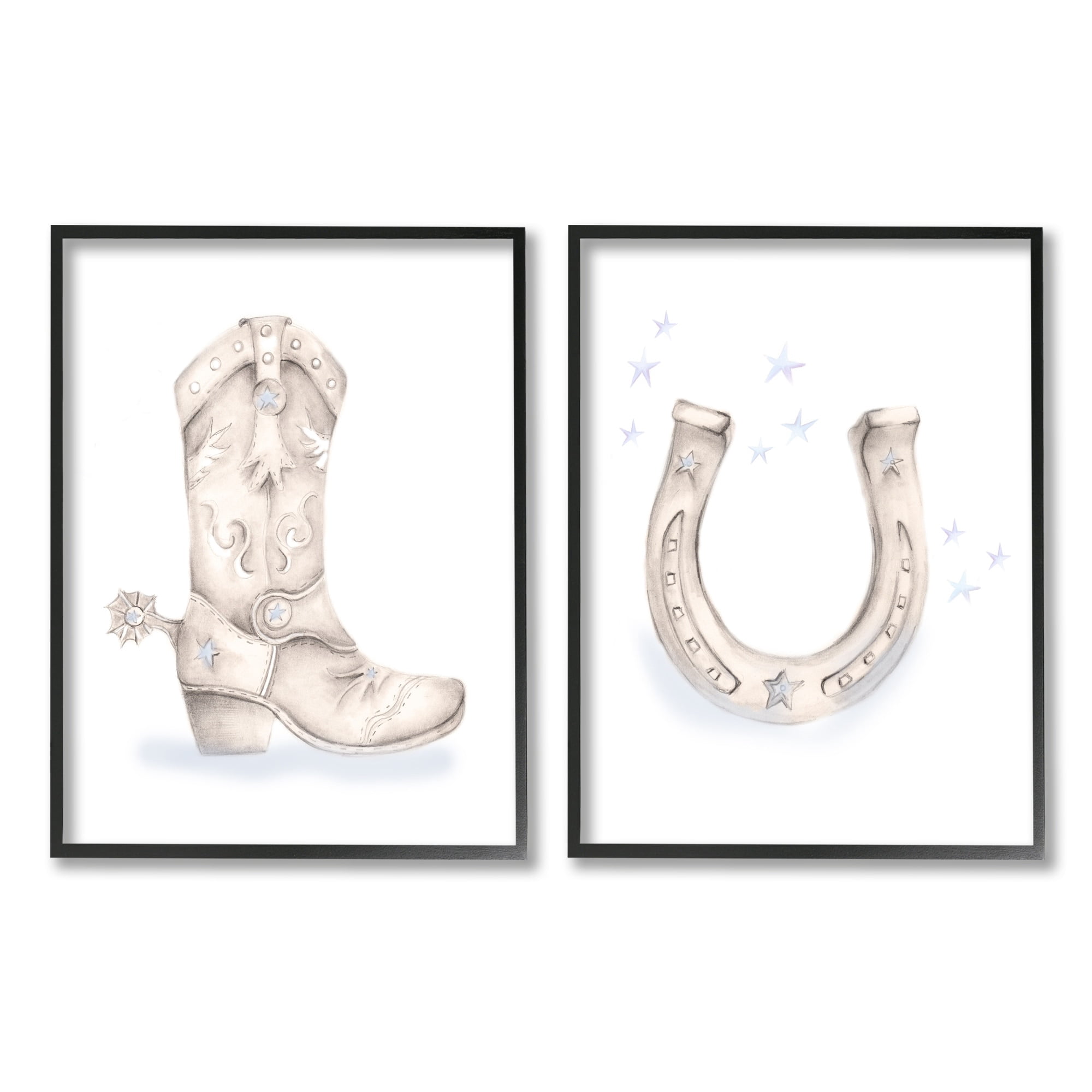 Stupell Industries Western Cowboy Boot Horseshoe Blue Stars Spur Graphic Art Black Framed Art Print Wall Art, Set of 2, Design by Studio Q