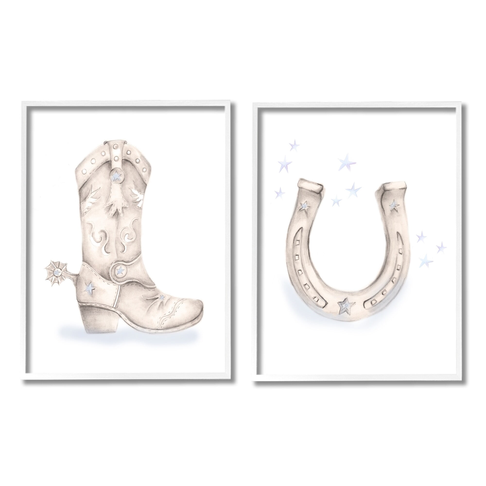 Stupell Industries Western Cowboy Boot Horseshoe Blue Stars Spur Graphic Art White Framed Art Print Wall Art, Set of 2, Design by Studio Q