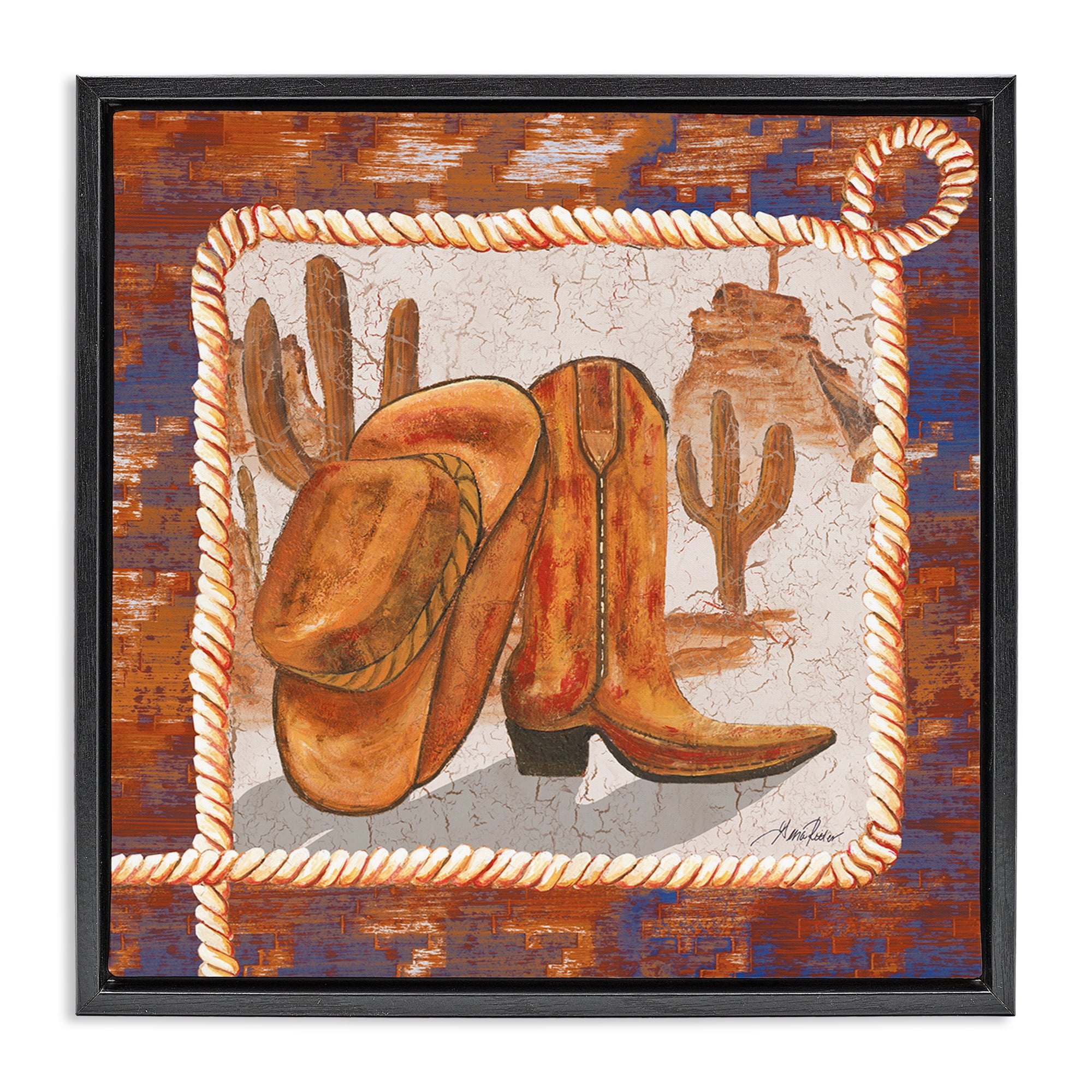 Stupell Industries Western Cowboy Boot Landscape Painting Black Floater Framed Canvas Art Print Wall Art, 25 x 25