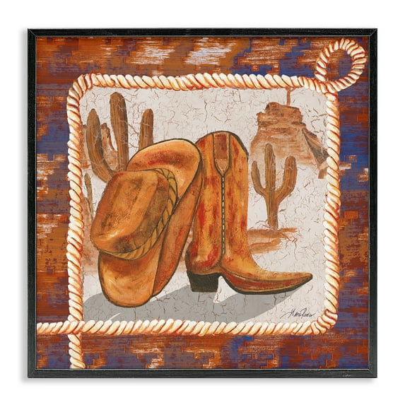 Stupell Industries Western Cowboy Boot Landscape Painting Black Framed Art Print Wall Art, 17 x 17