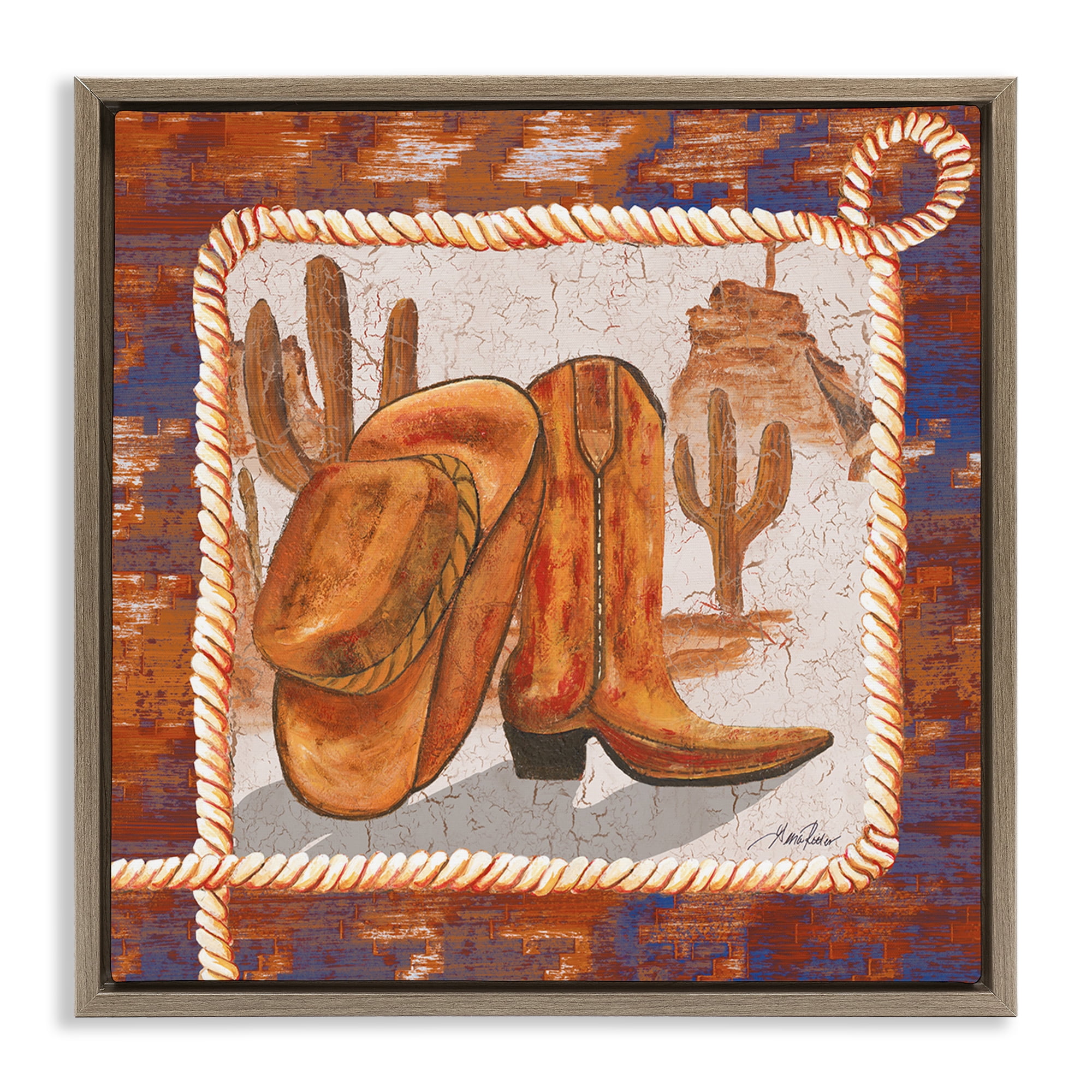 Stupell Industries Western Cowboy Boot Landscape Painting Brown Floater Framed Canvas Art Print Wall Art, 25 x 25