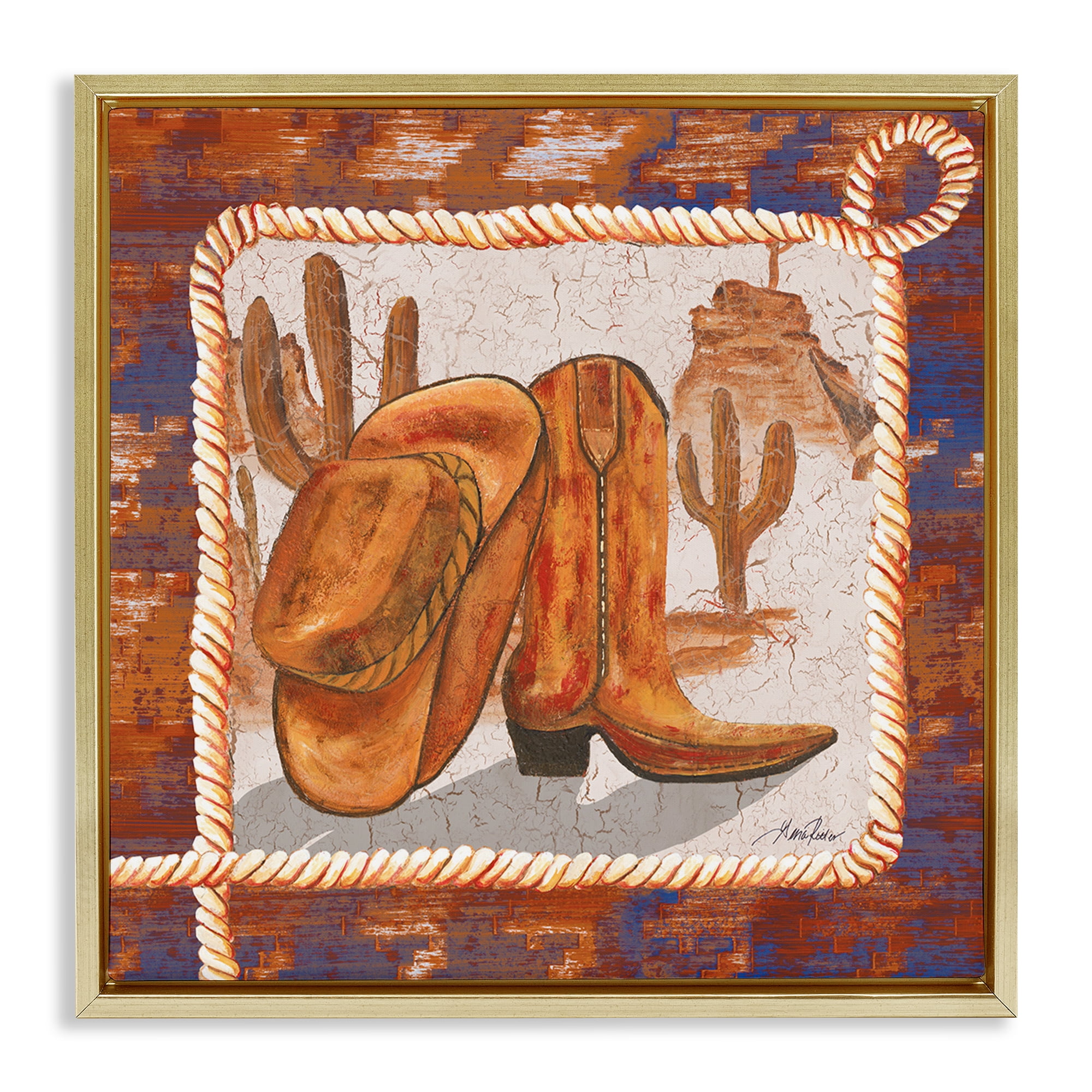 Stupell Industries Western Cowboy Boot Landscape Painting Gold Floater Framed Canvas Art Print Wall Art, 25 x 25