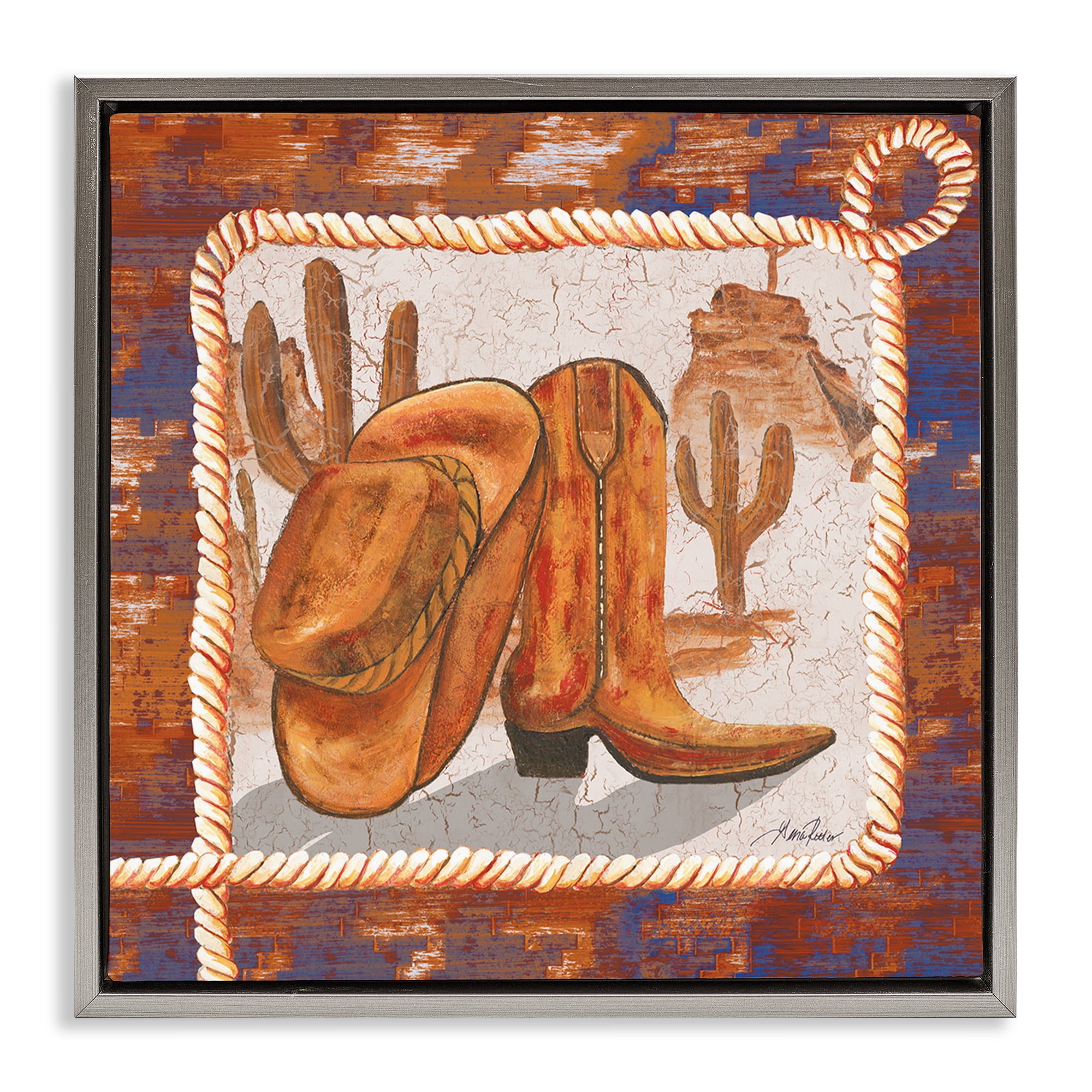 Stupell Industries Western Cowboy Boot Landscape Painting Gray Floater Framed Canvas Art Print Wall Art, 25 x 25