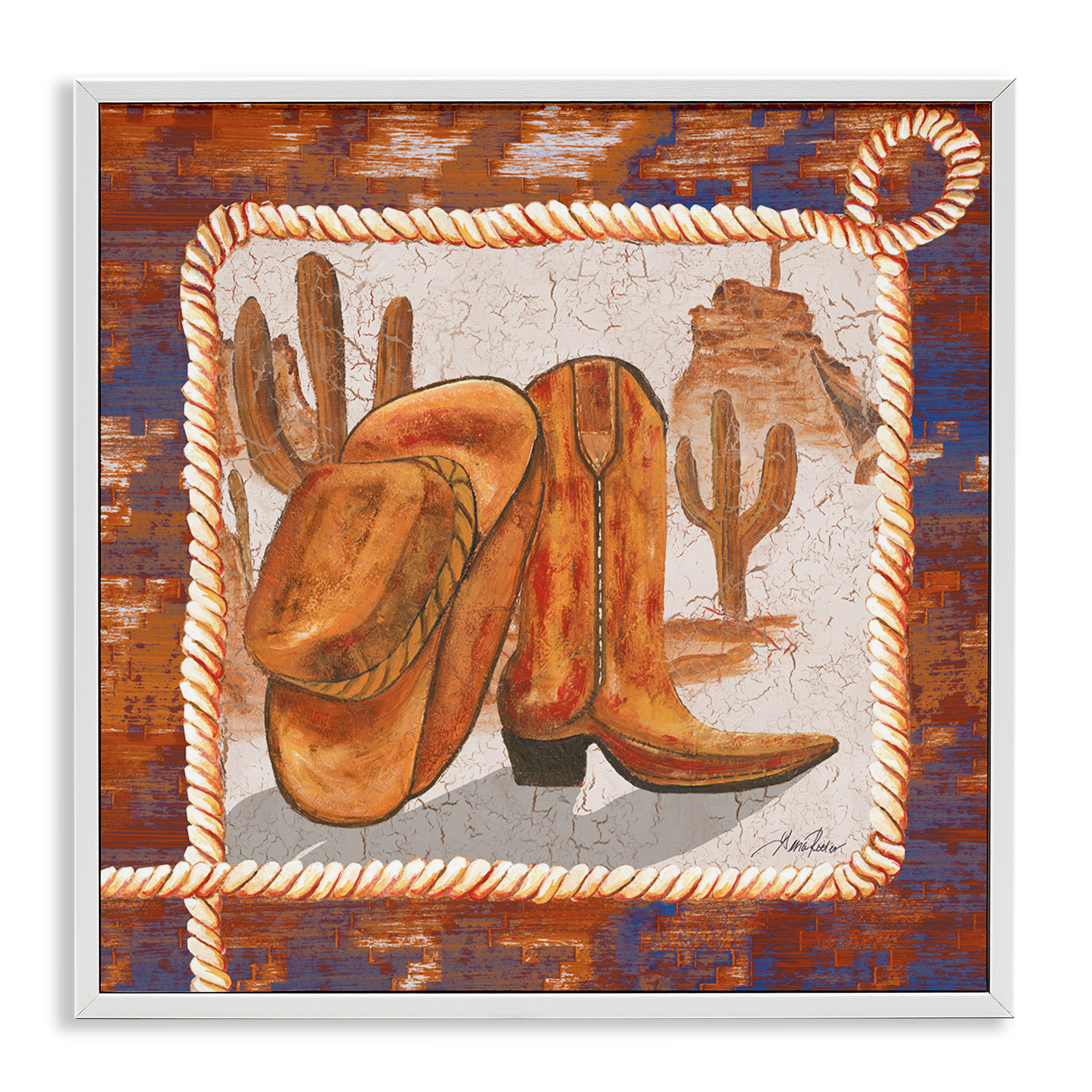 Stupell Industries Western Cowboy Boot Landscape Painting White Framed Art Print Wall Art, 12 x 12