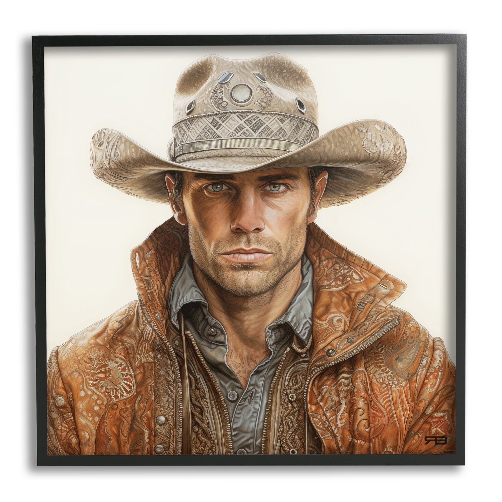 Stupell Industries Western Cowboy Portrait Abstract Painting Black Framed Art Print Wall Art, 12 x 12