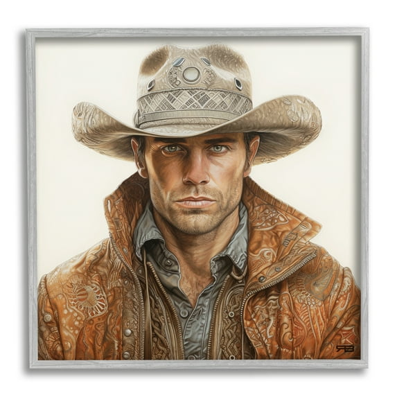 Stupell Industries Western Cowboy Portrait Abstract Painting Gray Framed Art Print Wall Art, 24 x 24