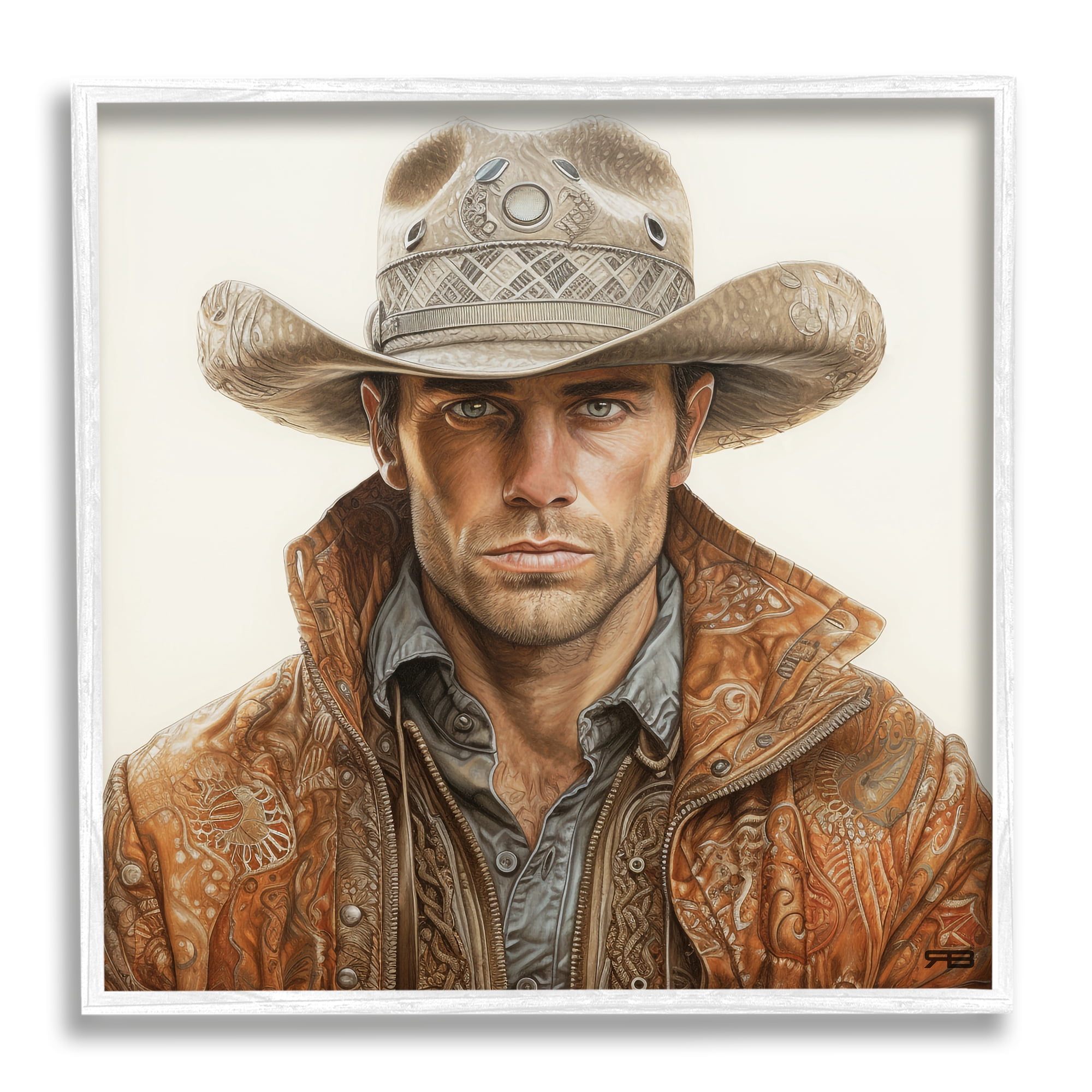 Stupell Industries Western Cowboy Portrait Abstract Painting White Framed Art Print Wall Art, 24 x 24