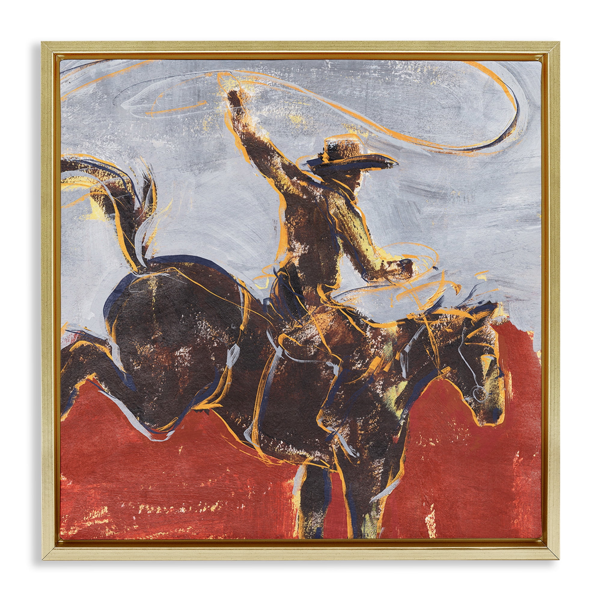 Stupell Industries Western Cowboy Wild Horse Animals & Insects Painting Gold Floater Framed Canvas Art Print Wall Art, 18 x 18